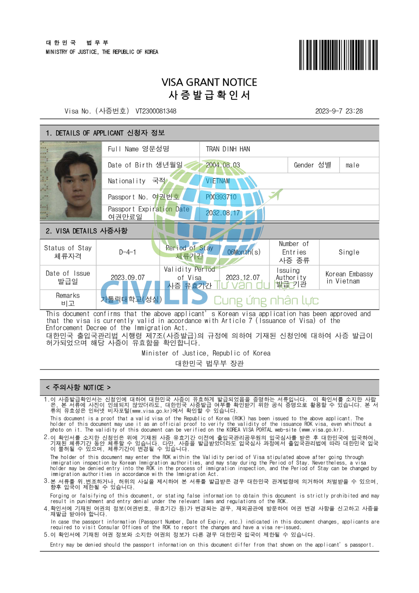 Visa học viên Civilis Trần Đình Hân