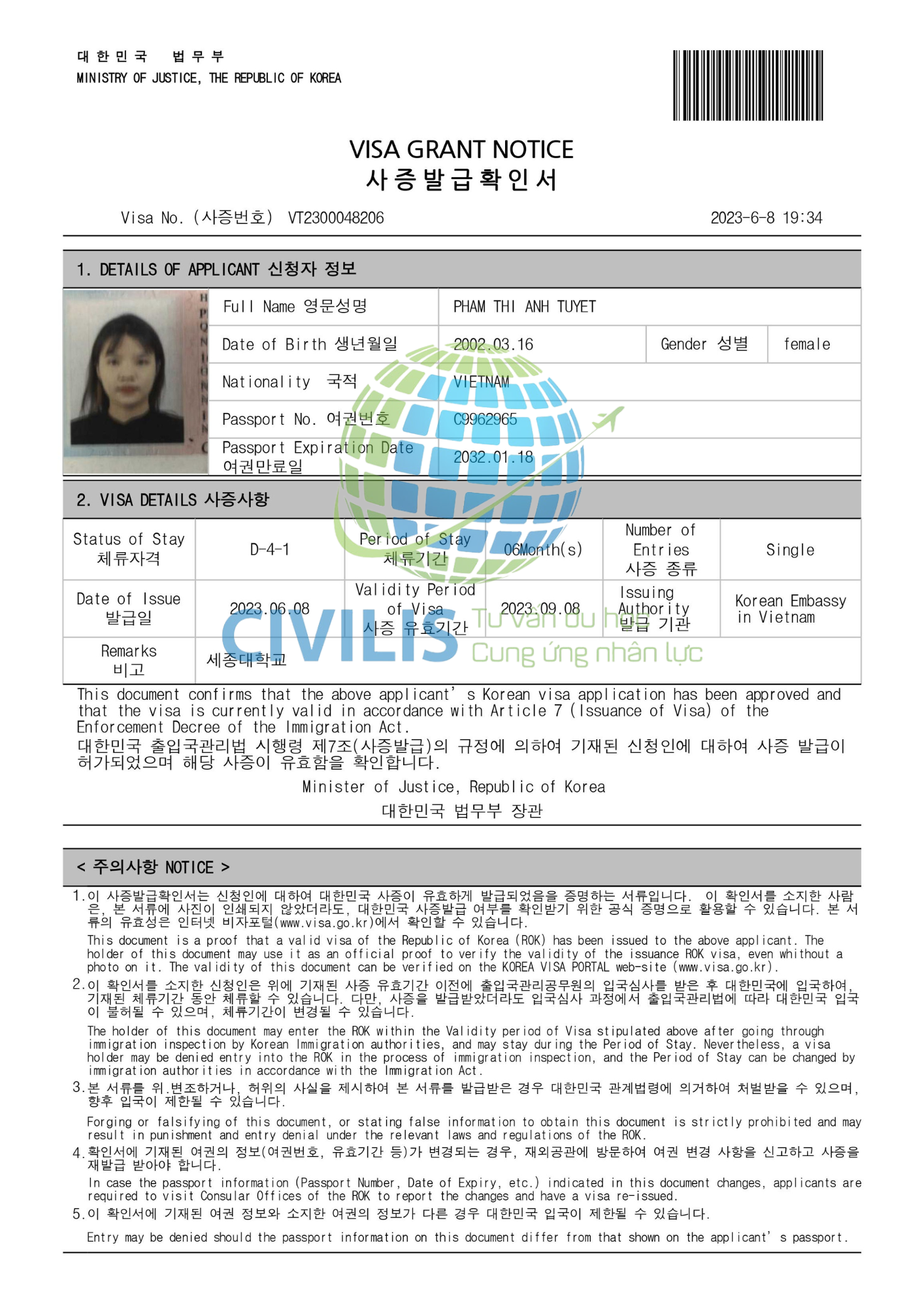 Visa học viên Civilis Phạm Thị Ánh Tuyết