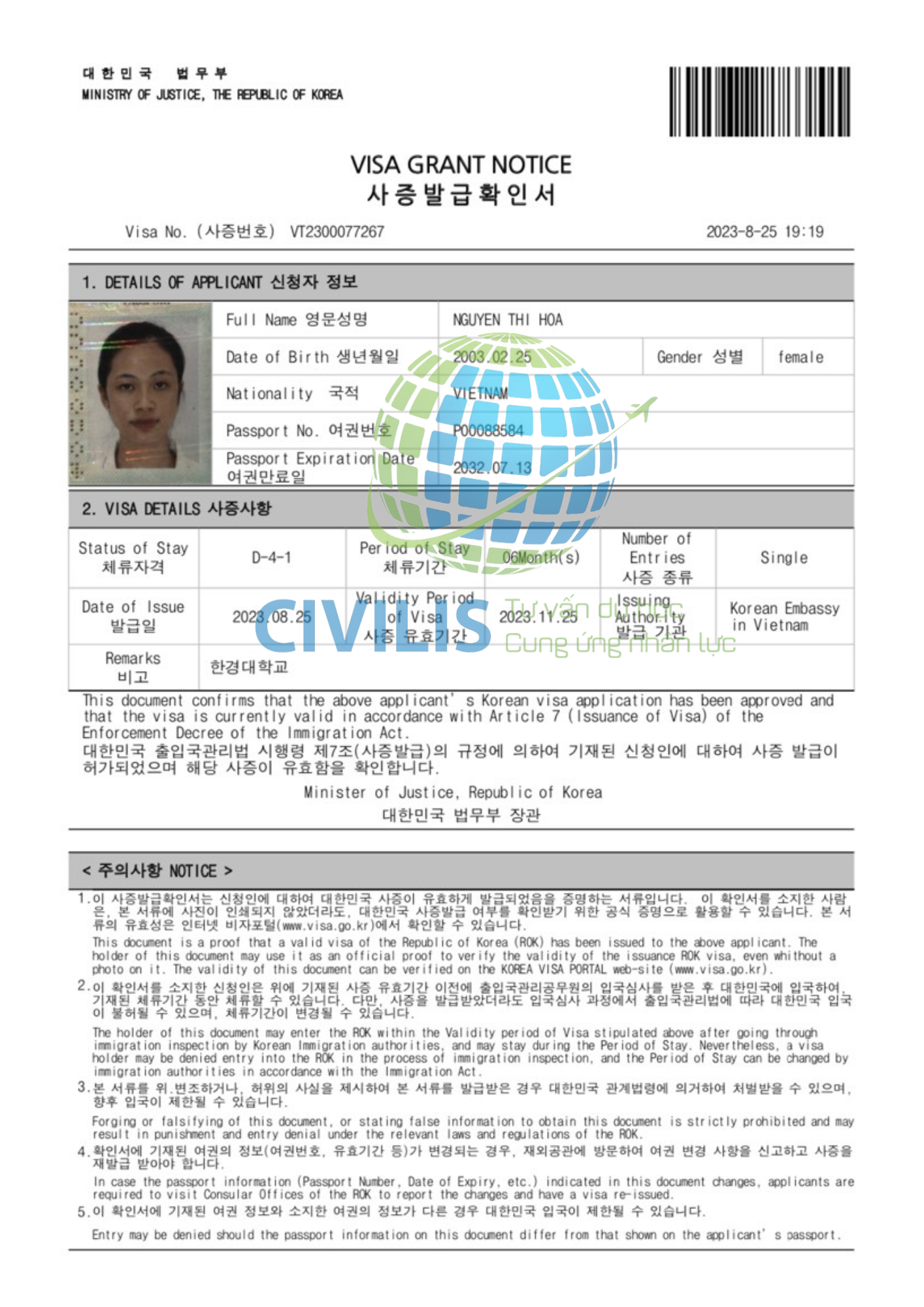 Visa học viên Civilis Nguyễn Thị Hoà