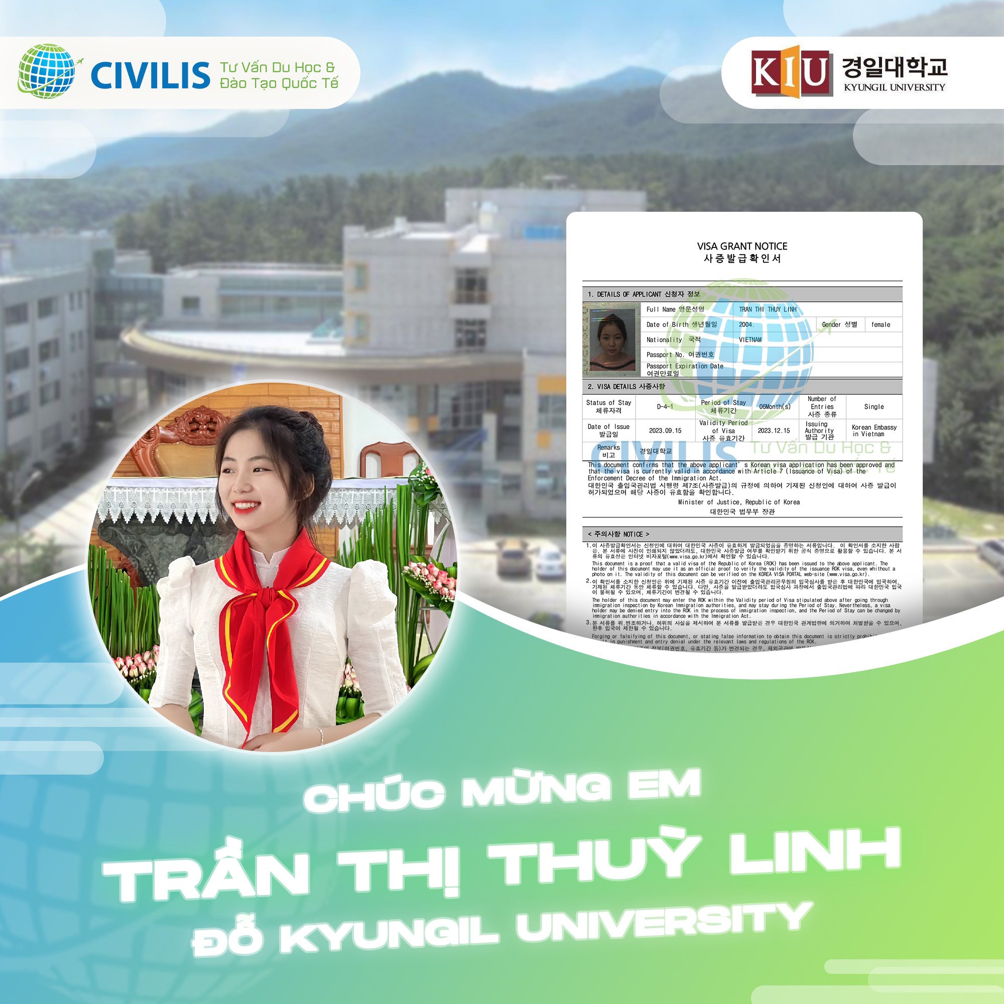 Học viên Civilis Trần Thị Thuỳ Linh đỗ trường Kyungil Hàn Quốc