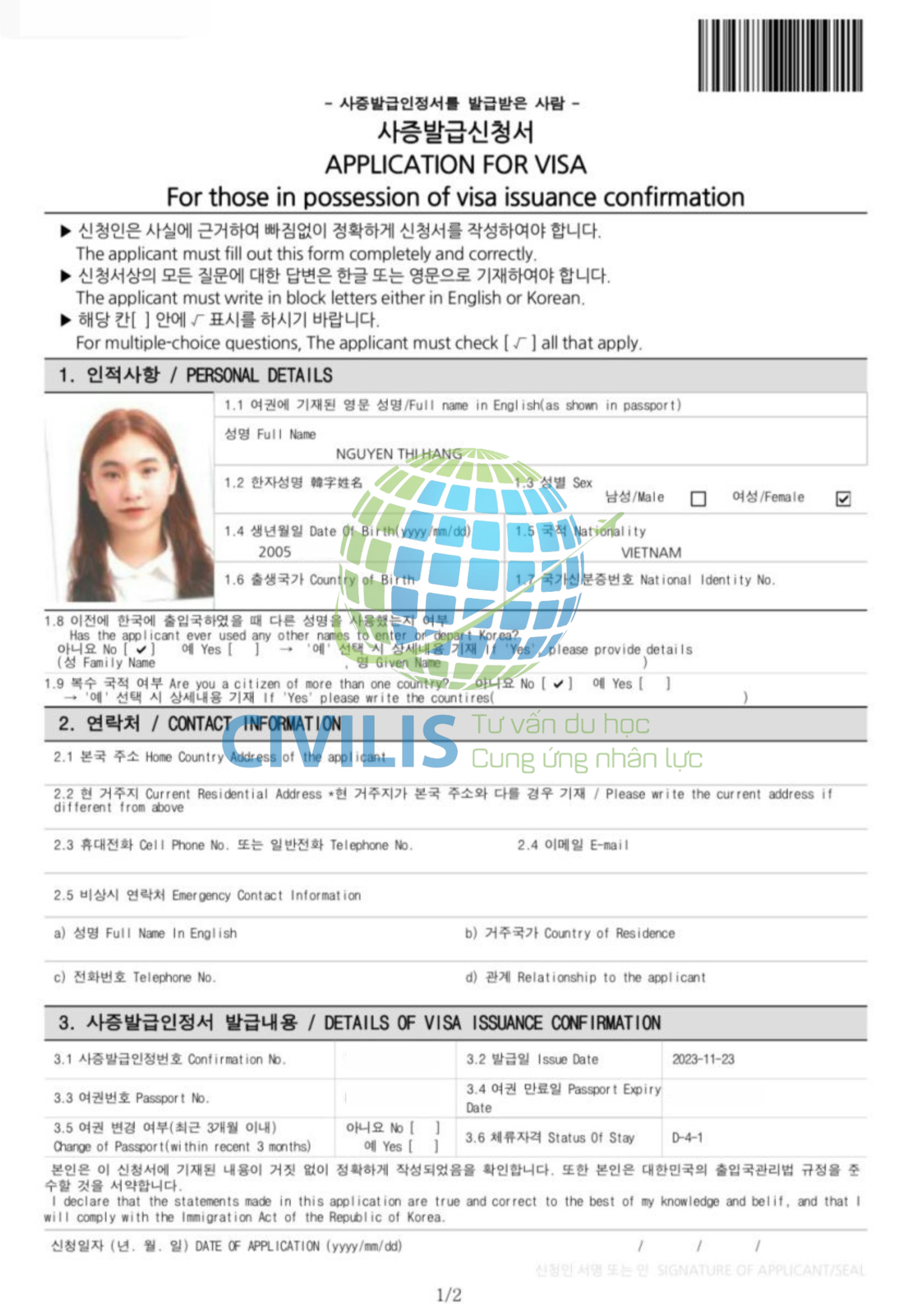 Visa học viên Civilis Nguyễn Thị Hằng