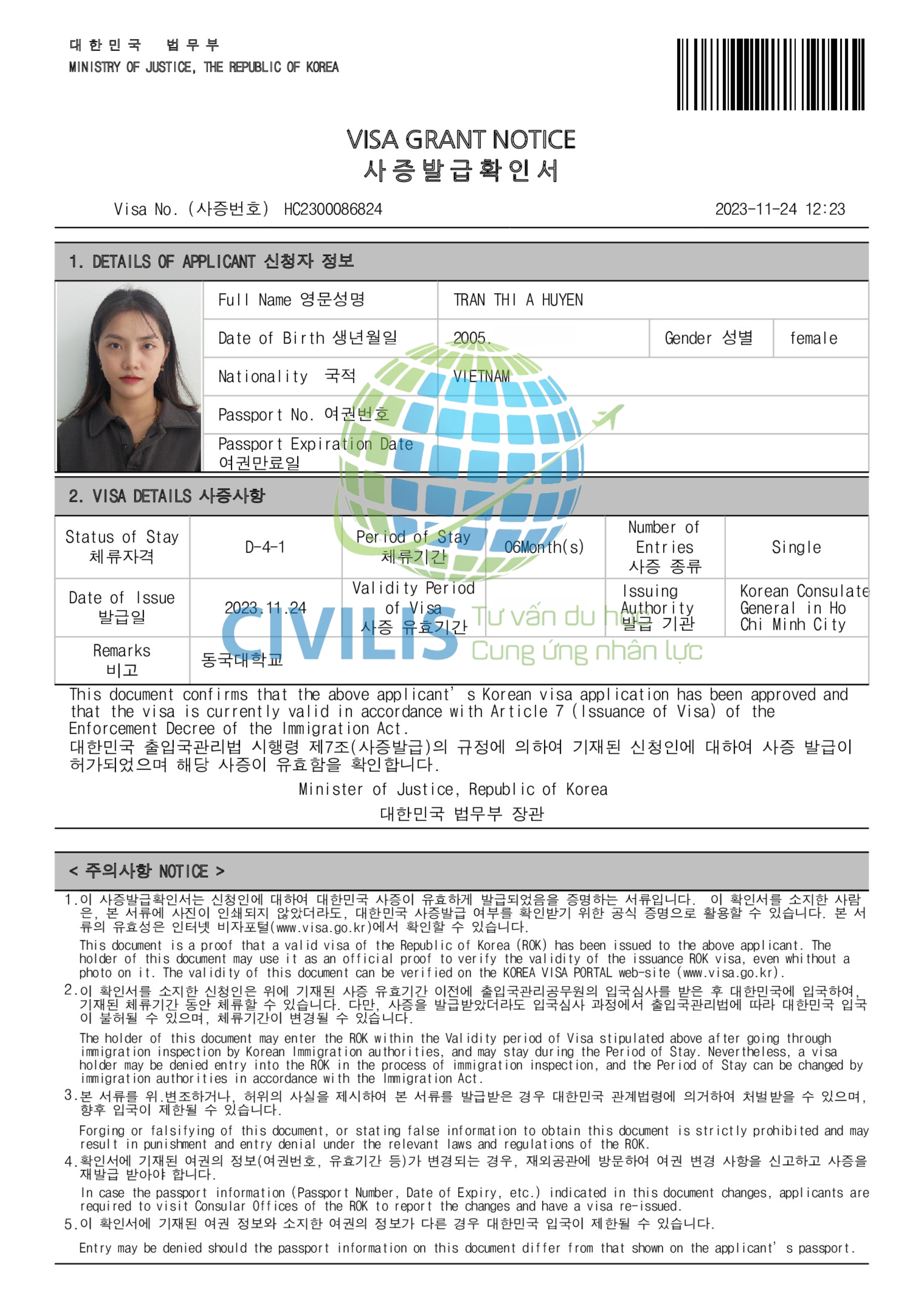 Visa học viên Civilis Trần Thị A Huyền