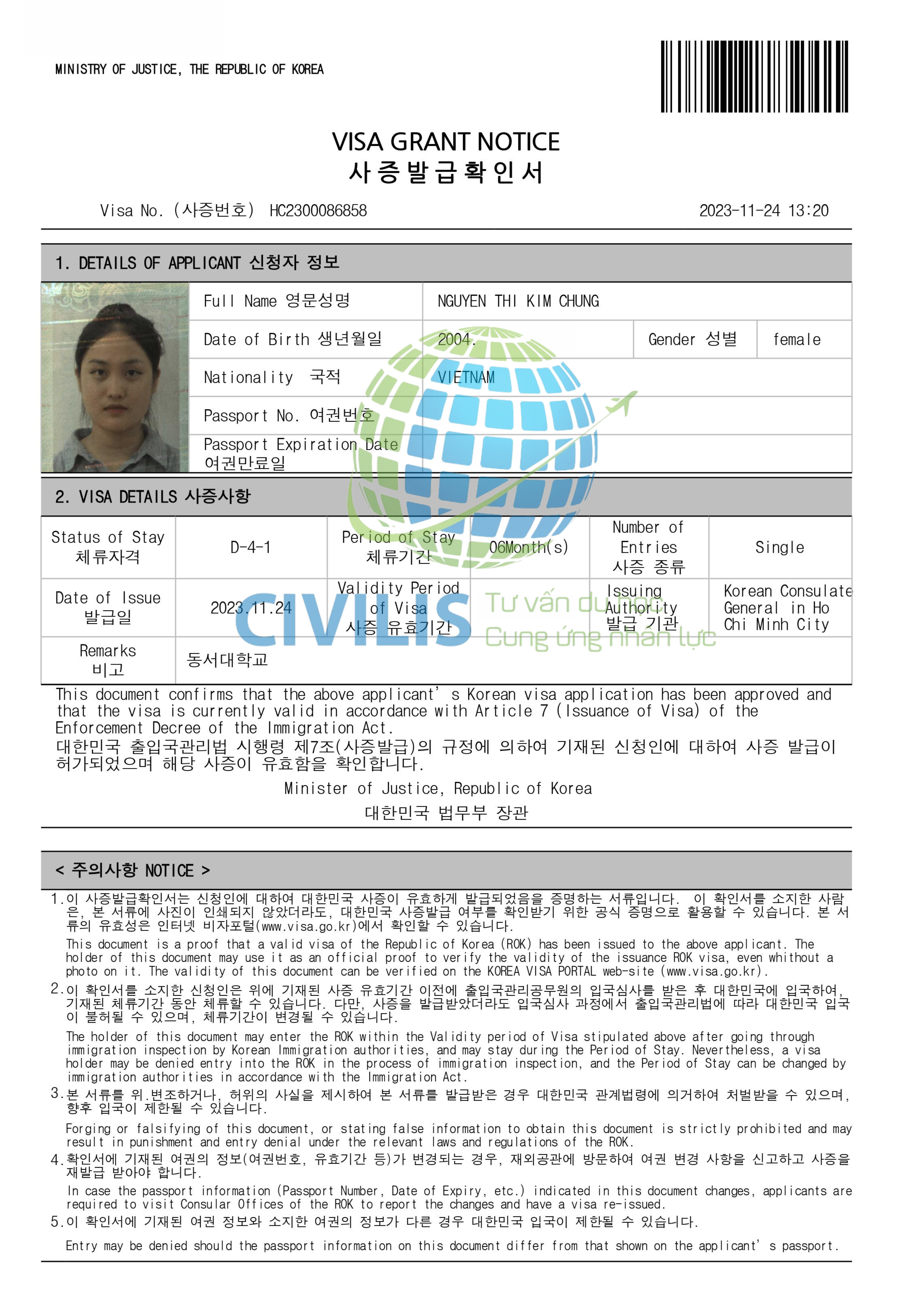 Visa học viên Civilis Nguyễn Thị Kim Chung