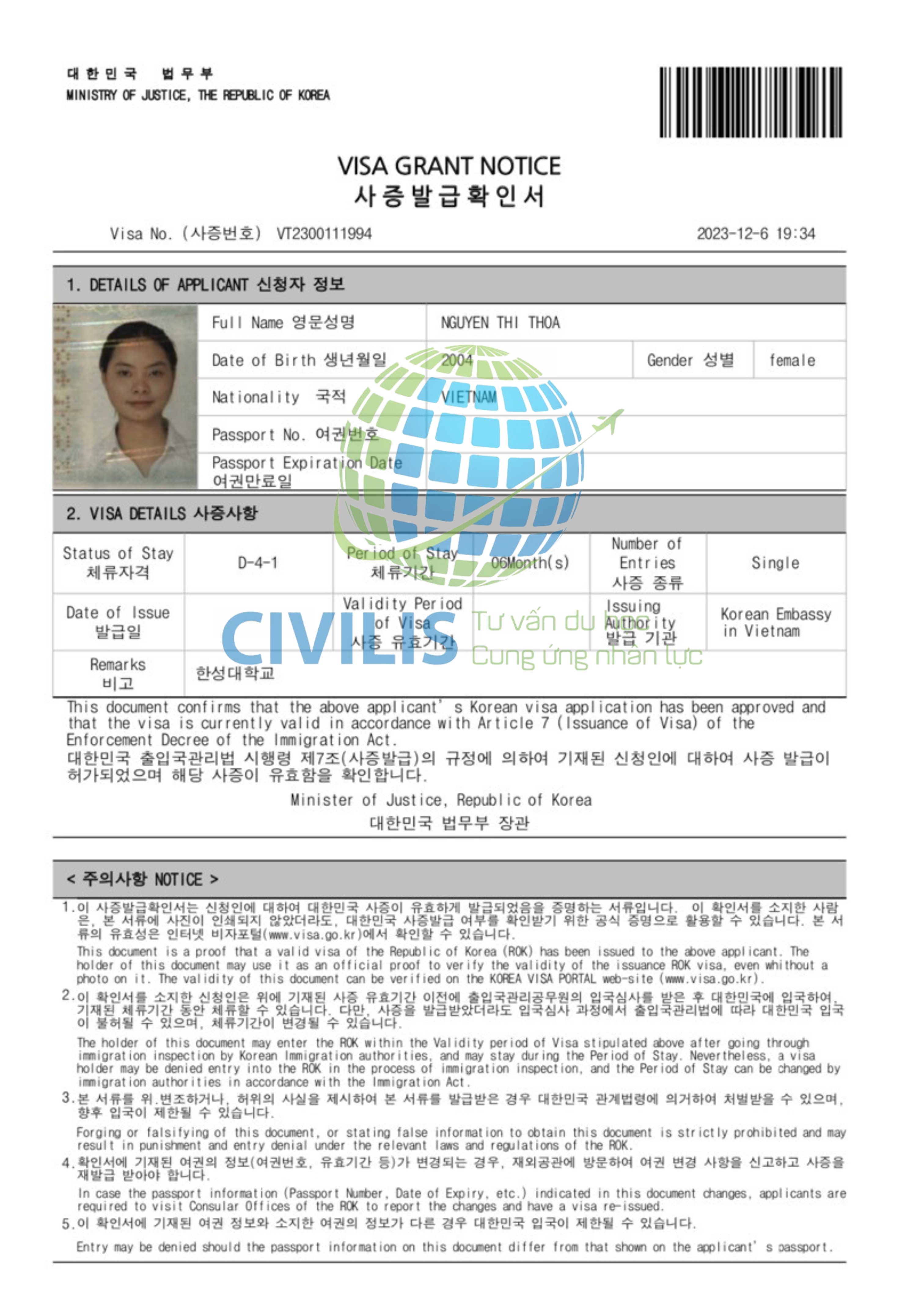 Visa học viên Civilis Nguyễn Thị Thoa