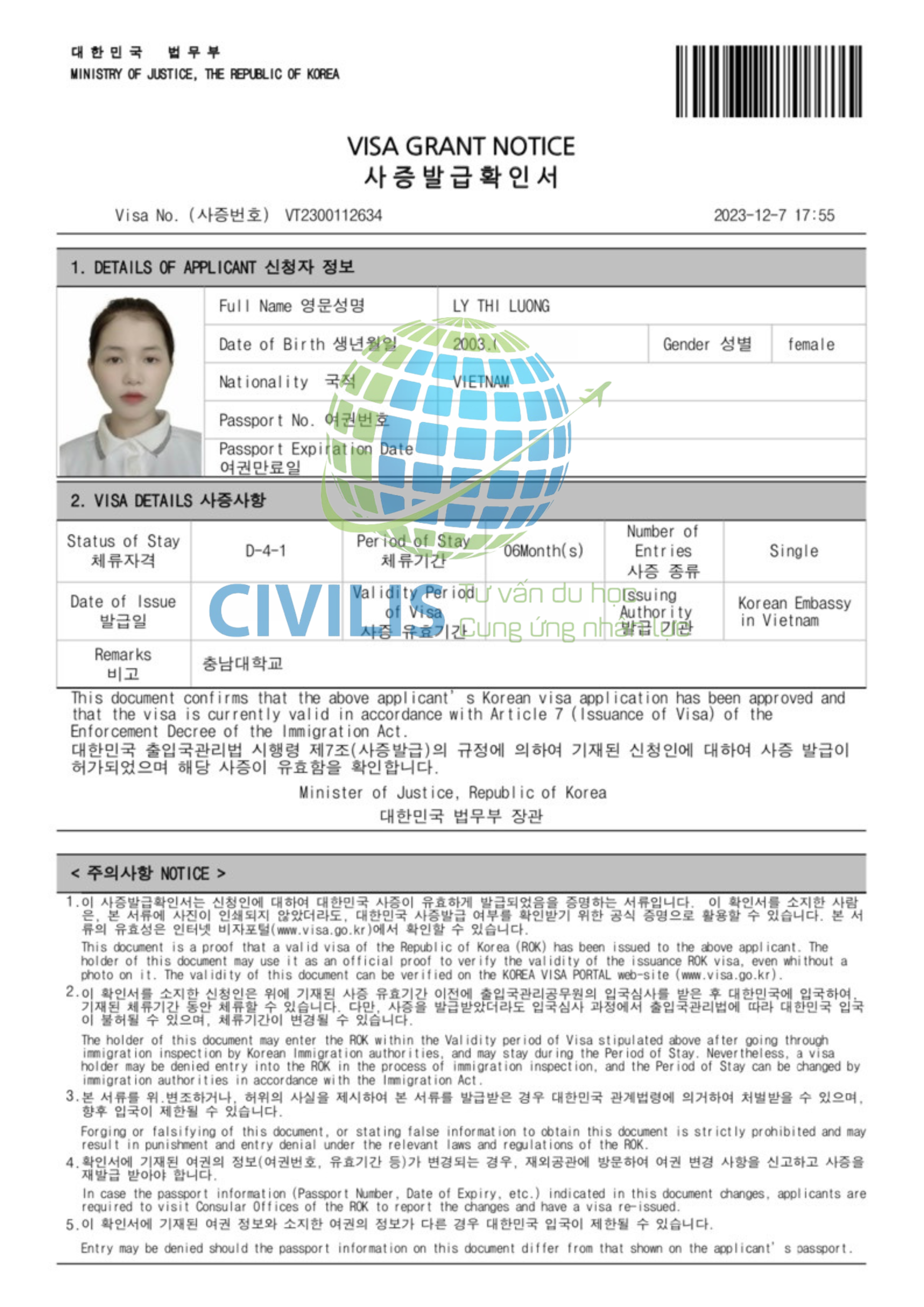 Visa học viên Civilis Lý Thị Lương