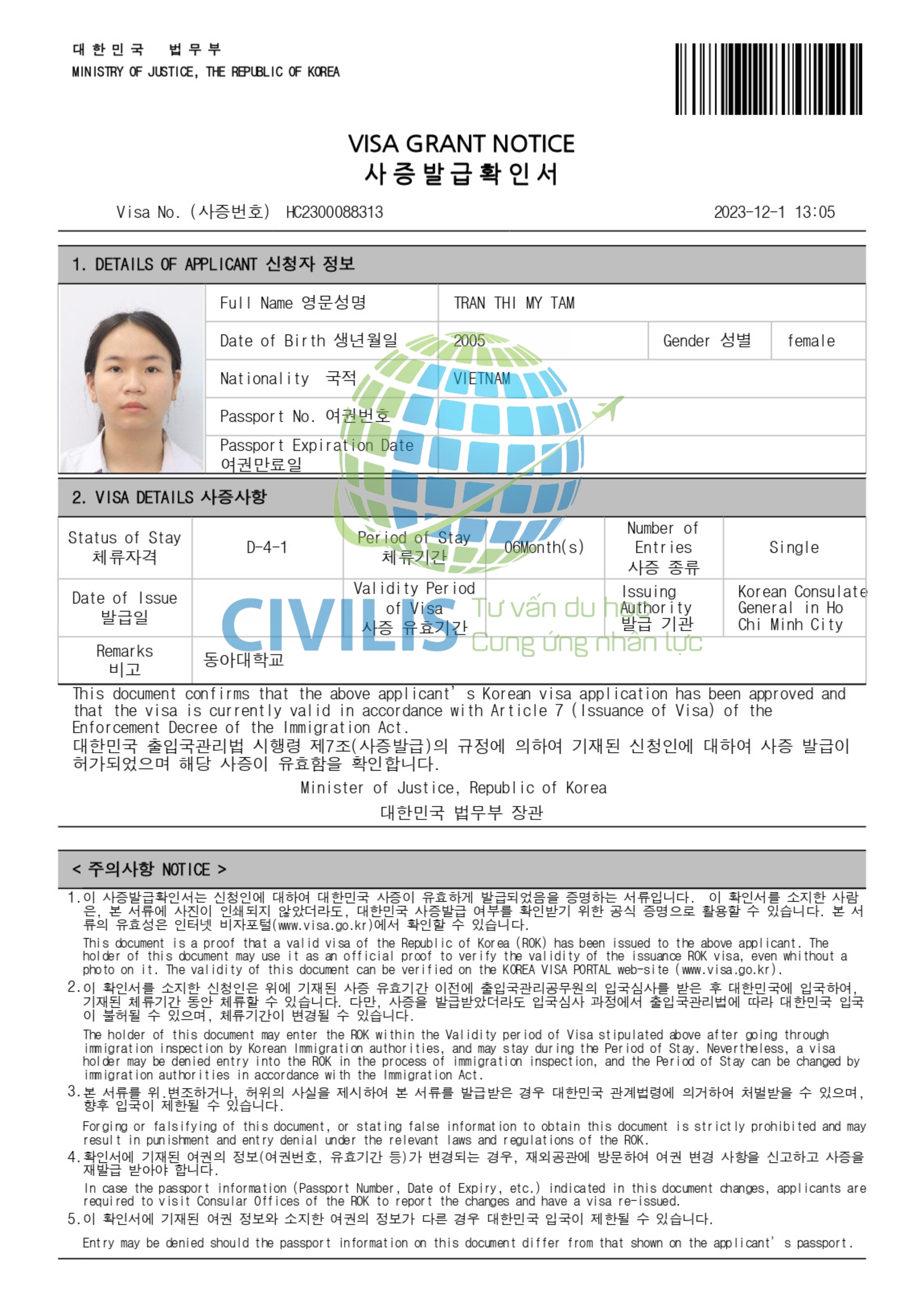 Visa học viên Civilis Trần Thị Mỹ Tâm