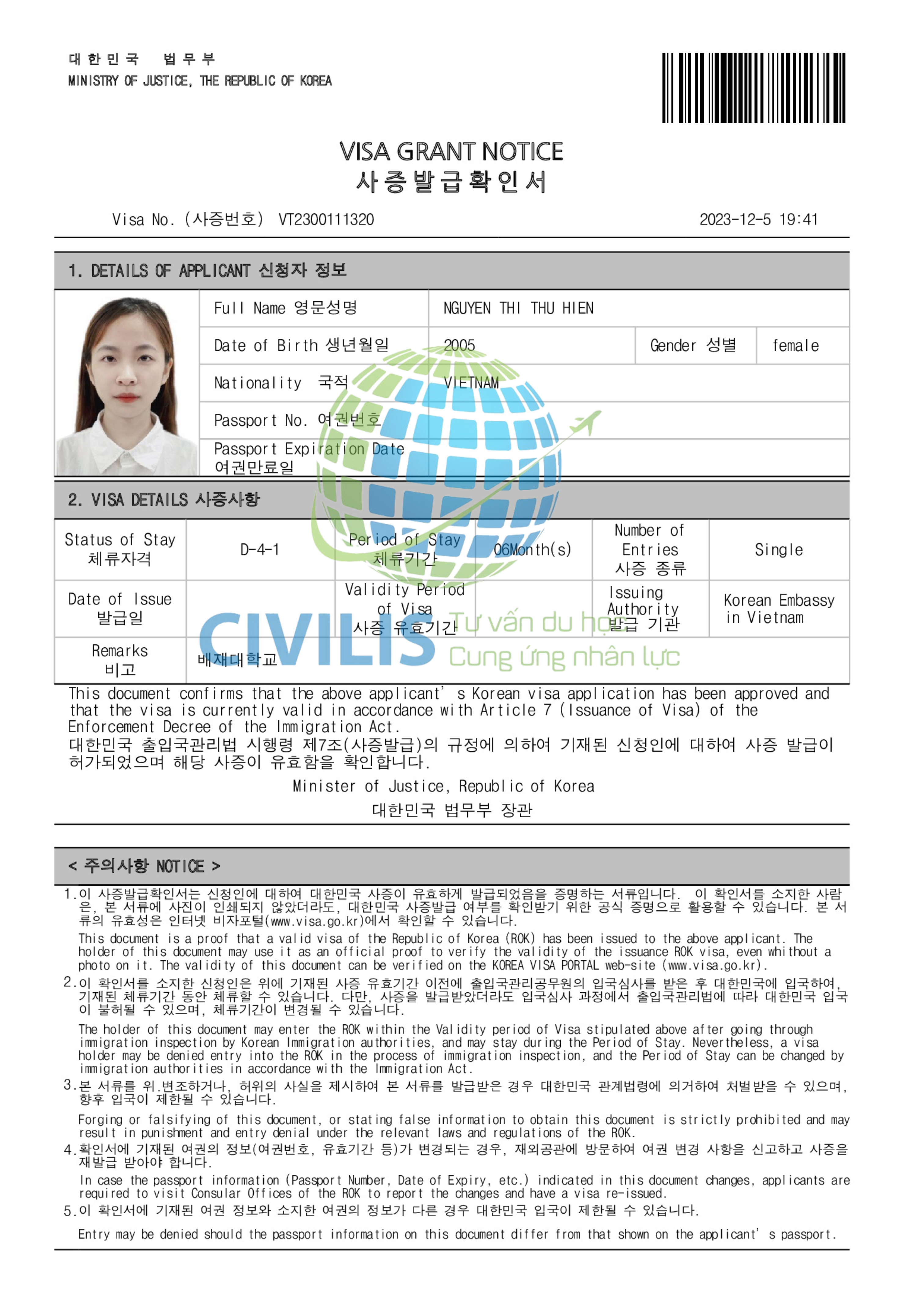 Visa học viên Civilis Nguyễn Thị Thu Hiền