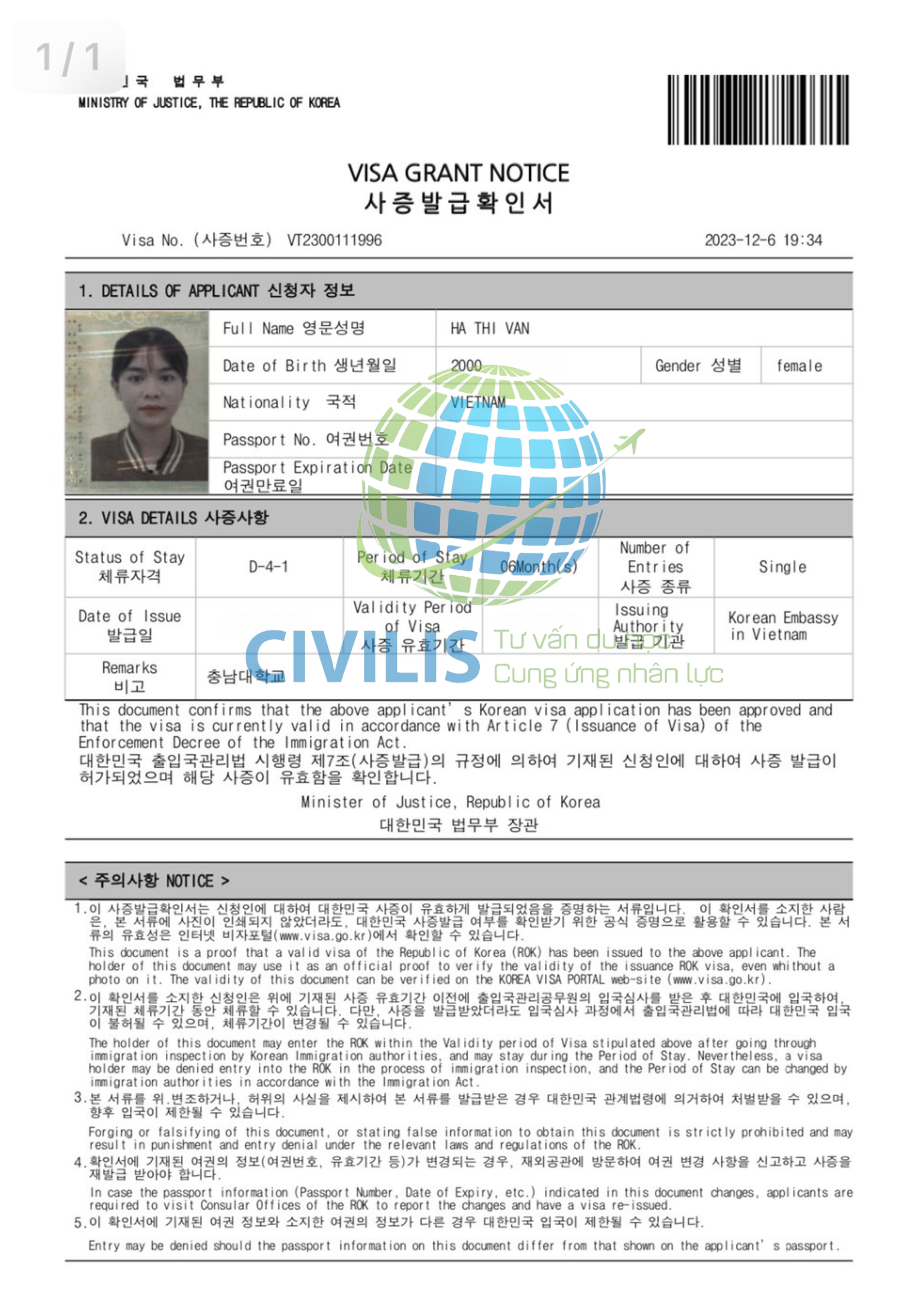 Visa học viên Civilis Hà Thị Vân