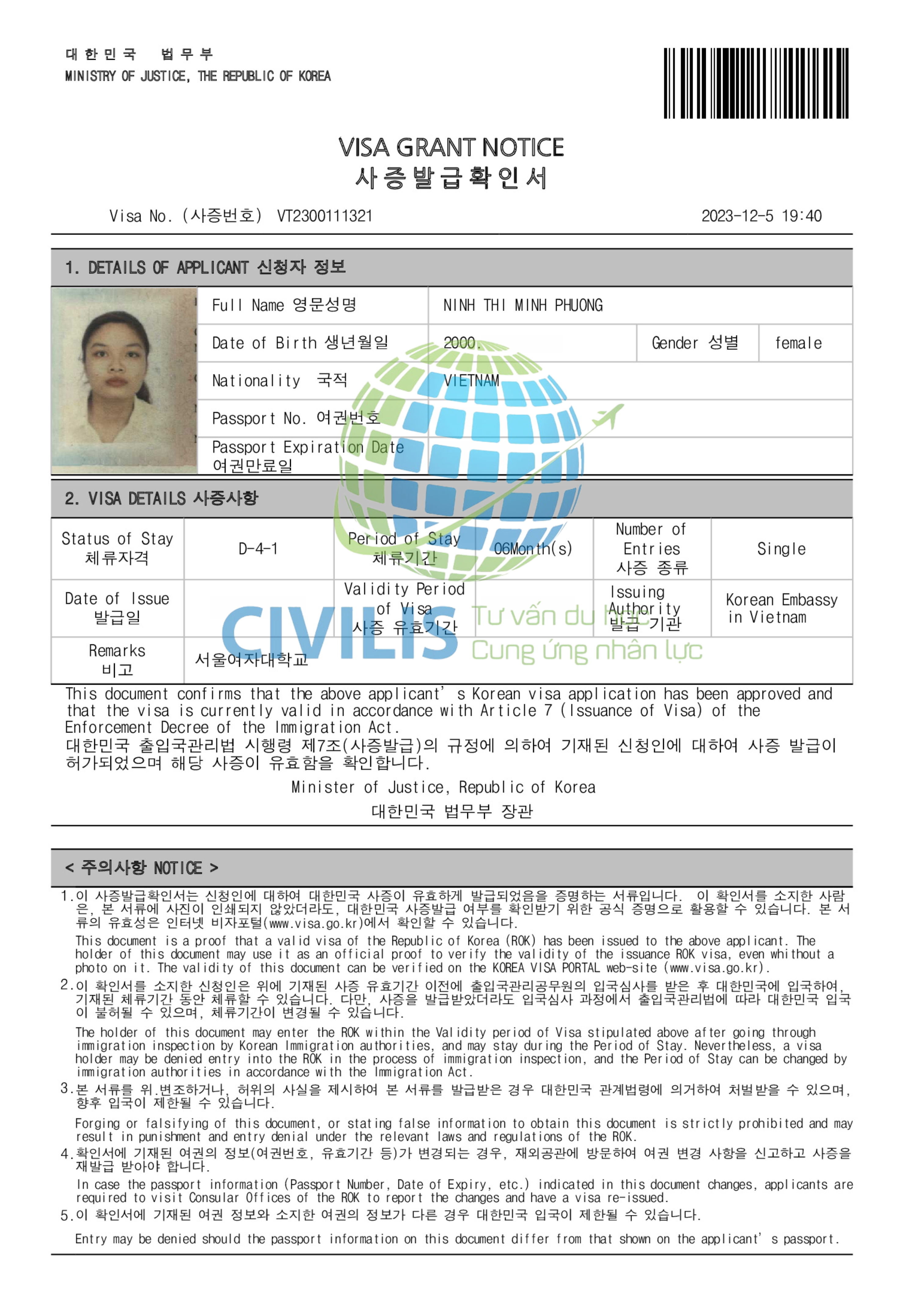 Visa học viên Civilis Ninh Thị Minh Phương