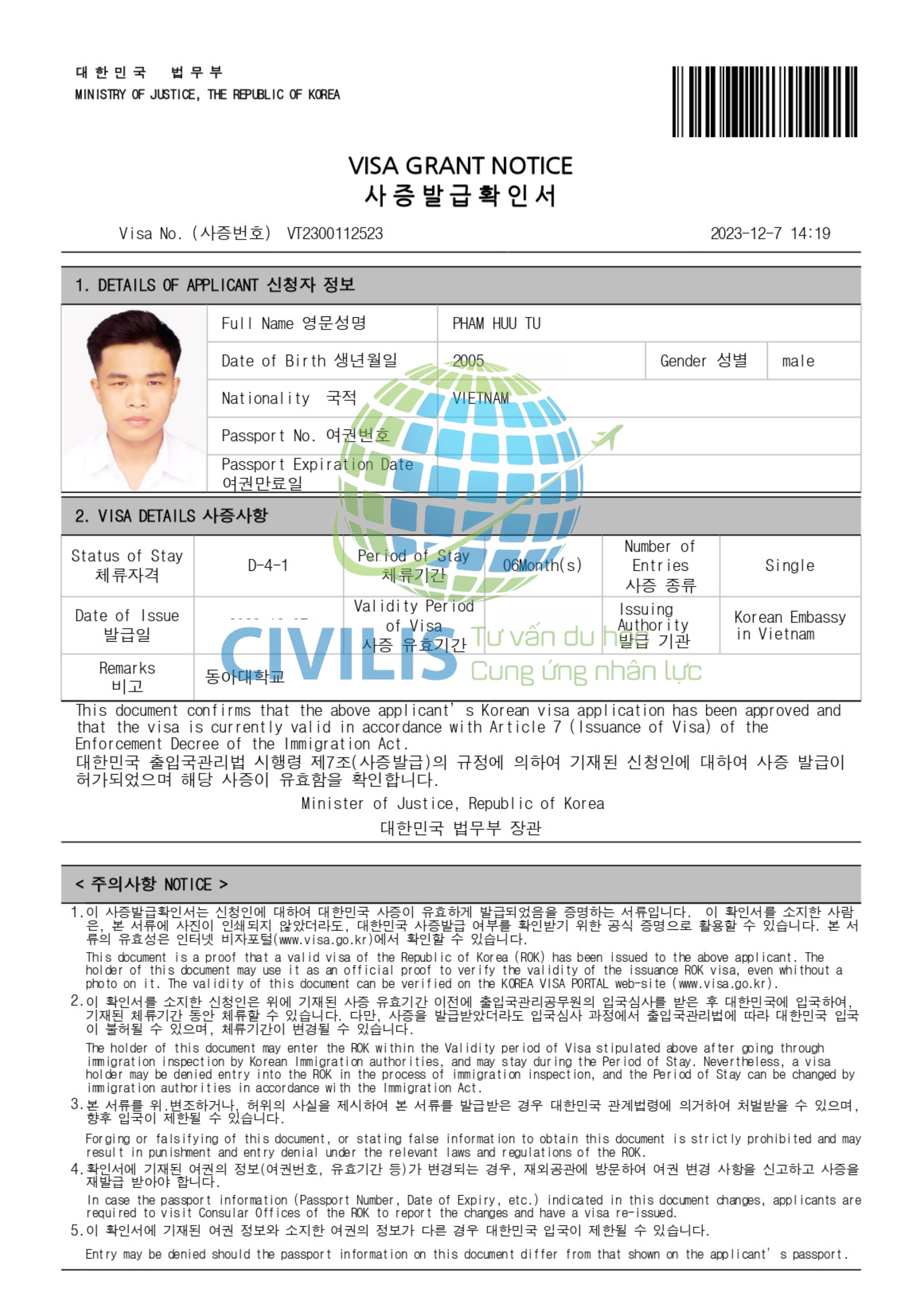 Visa học viên Civilis Phạm Hữu Tú