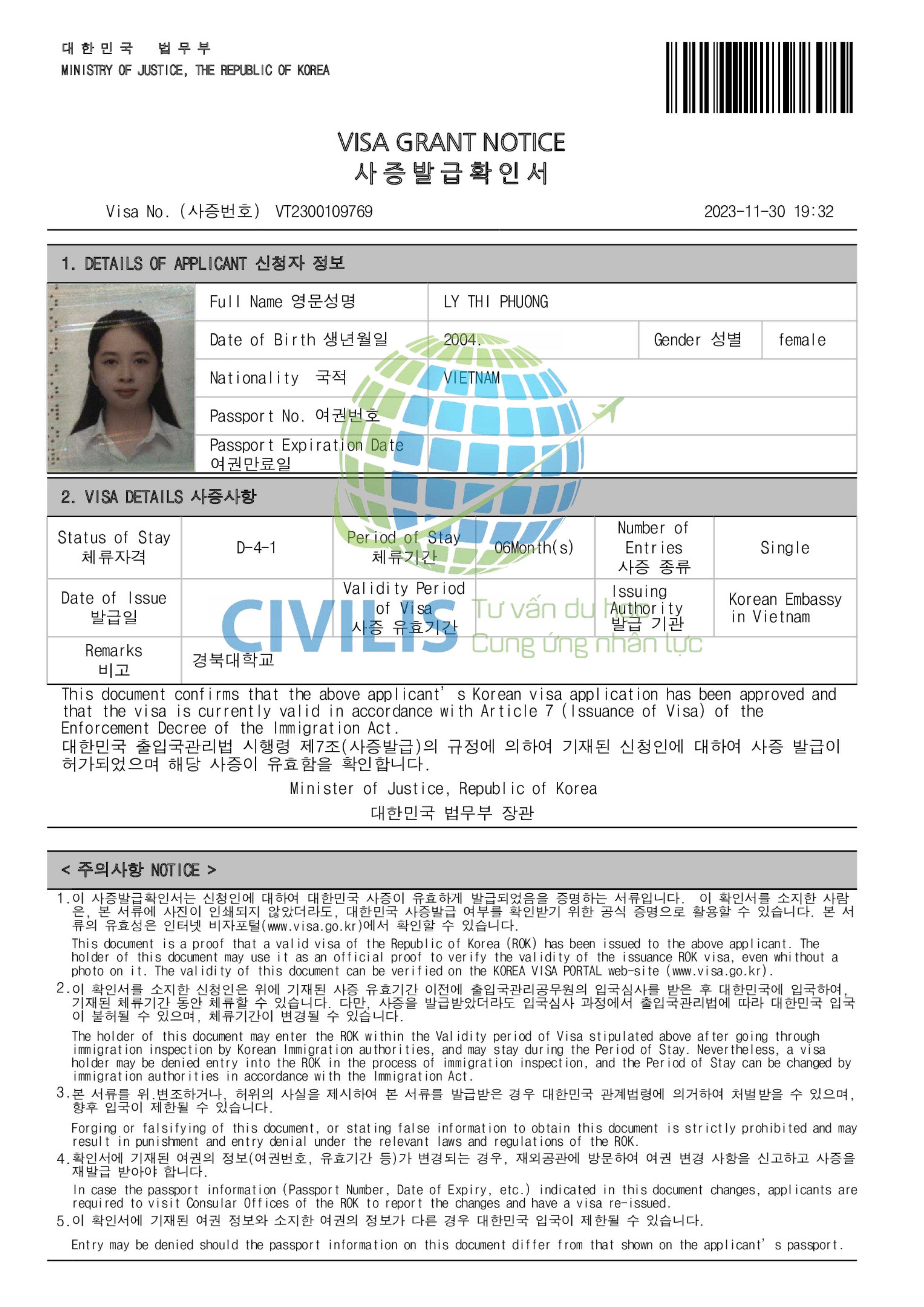 Visa học viên Civilis Lý Thị Phương