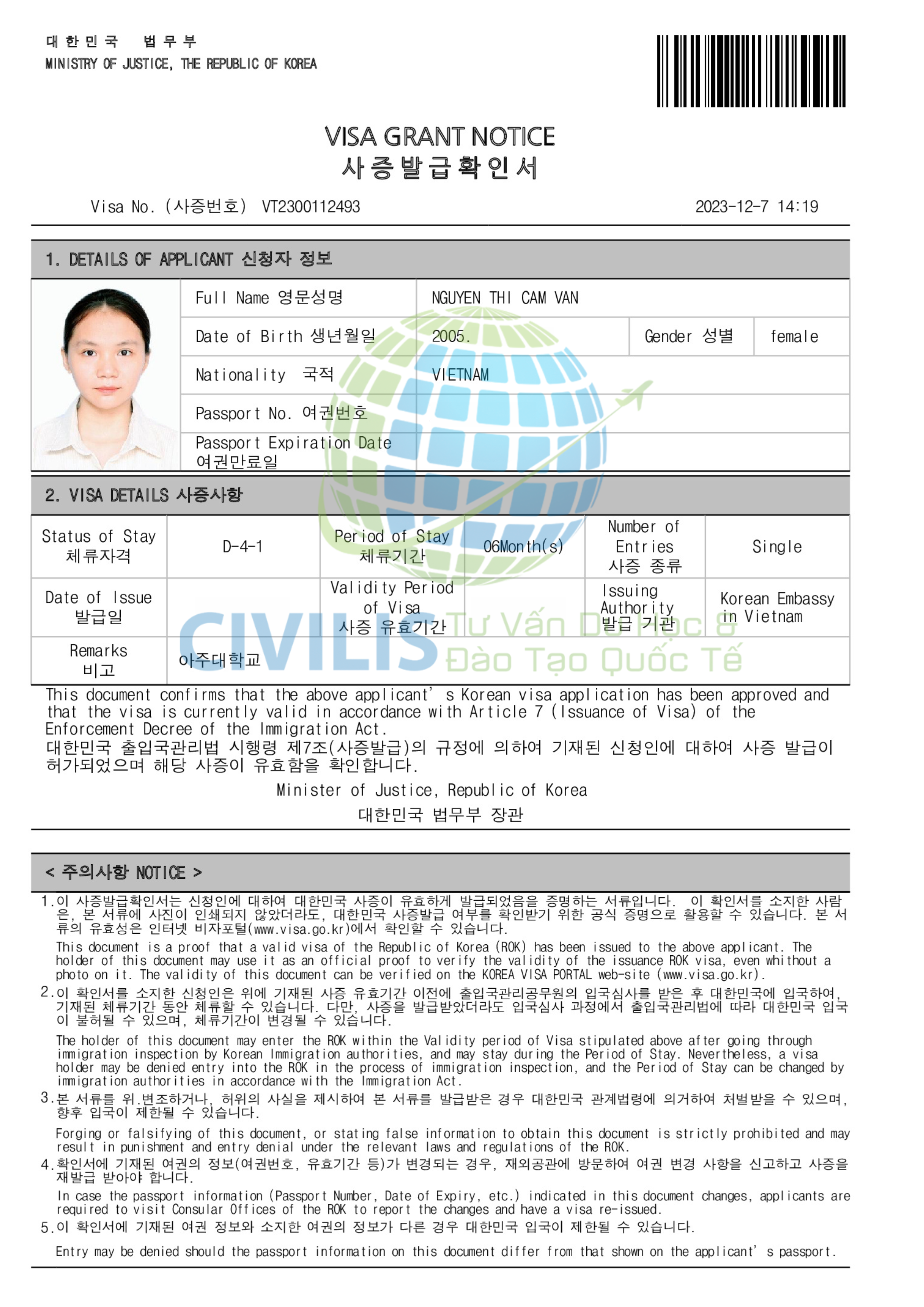 Visa học viên Civilis Nguyễn Thị Cẩm Vân