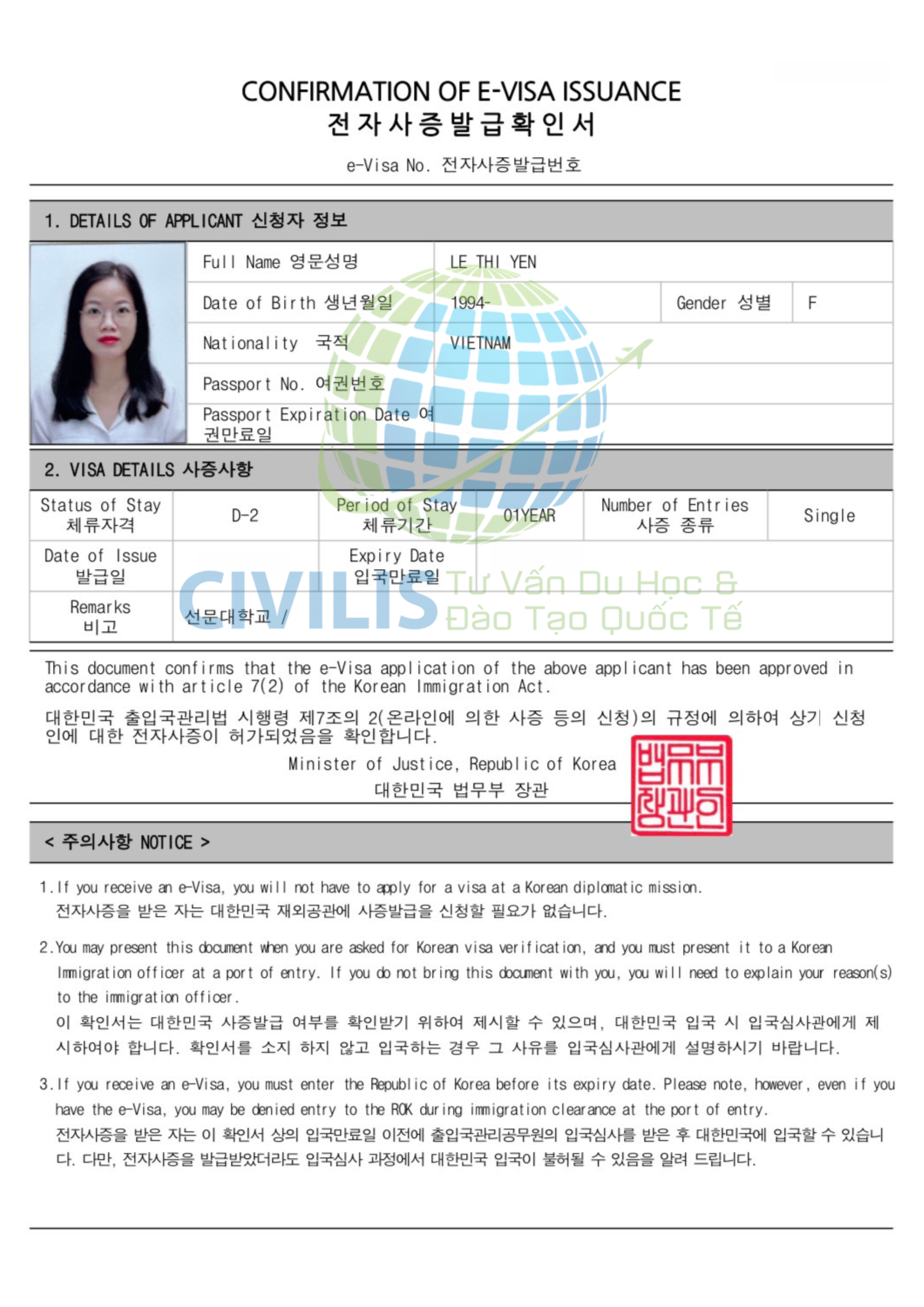 Visa học viên Civilis Lê Thị Yến