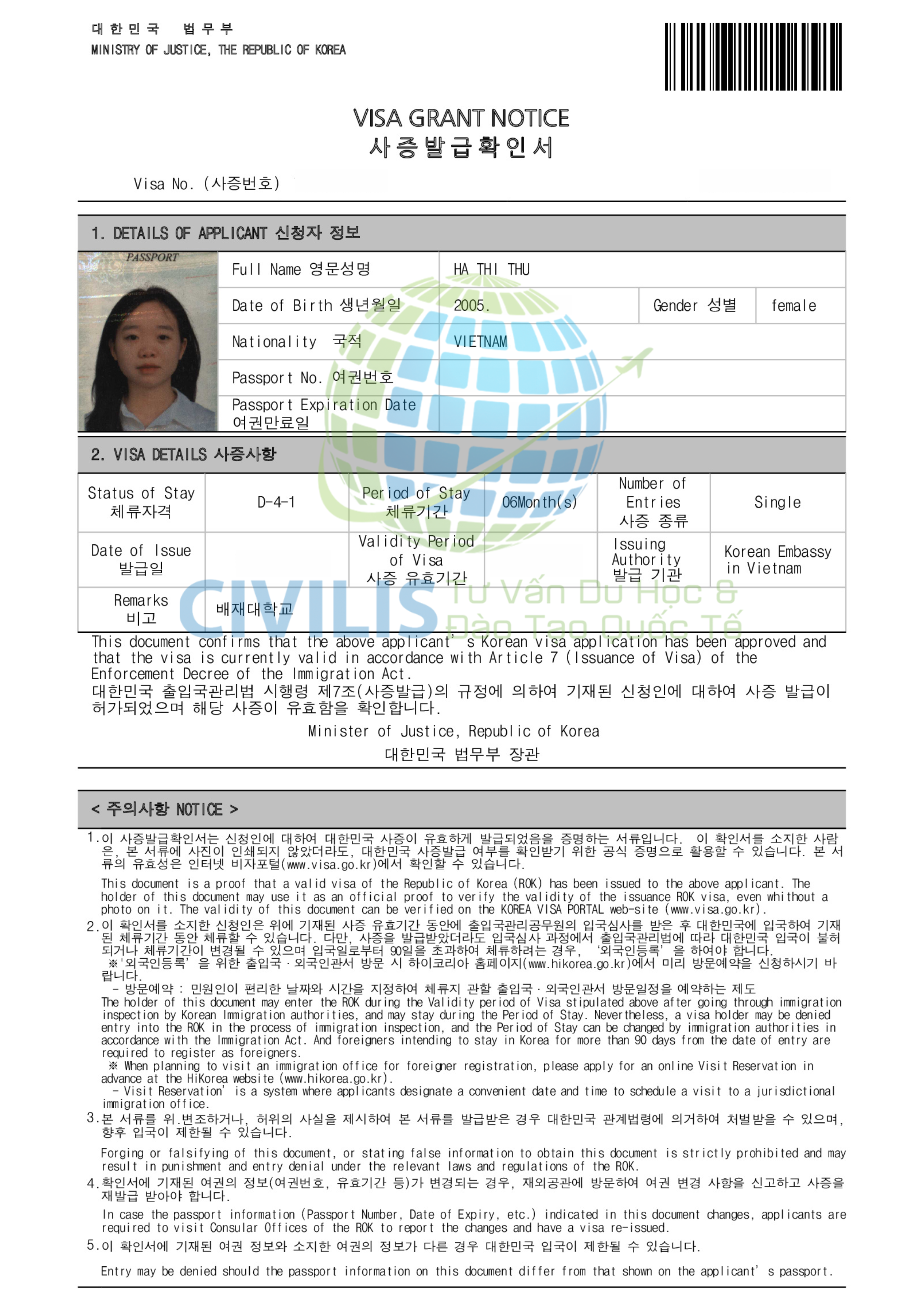 Visa học viên Civilis Hà Thị Thư