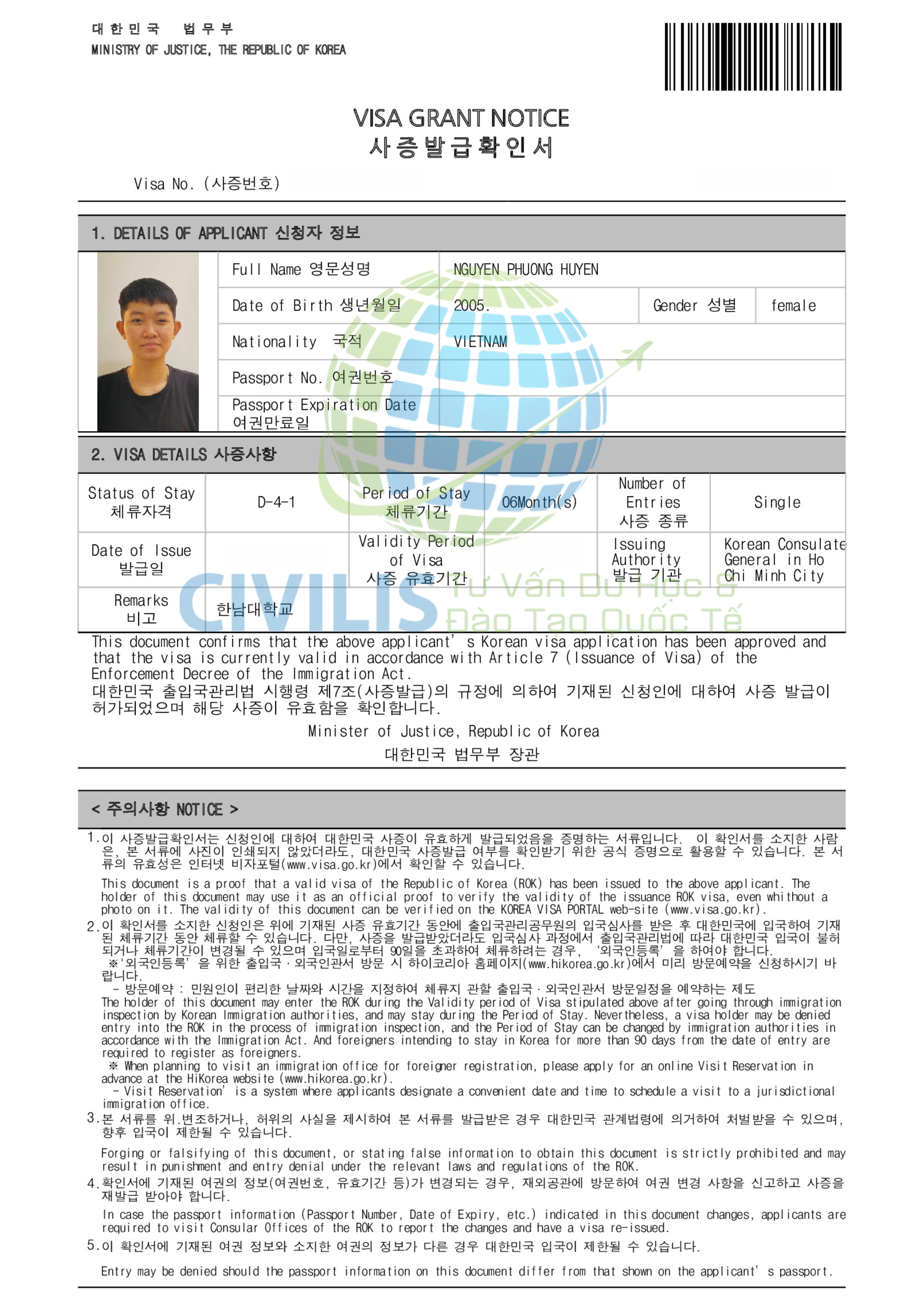 Visa học viên Civilis Nguyễn Phương Huyền