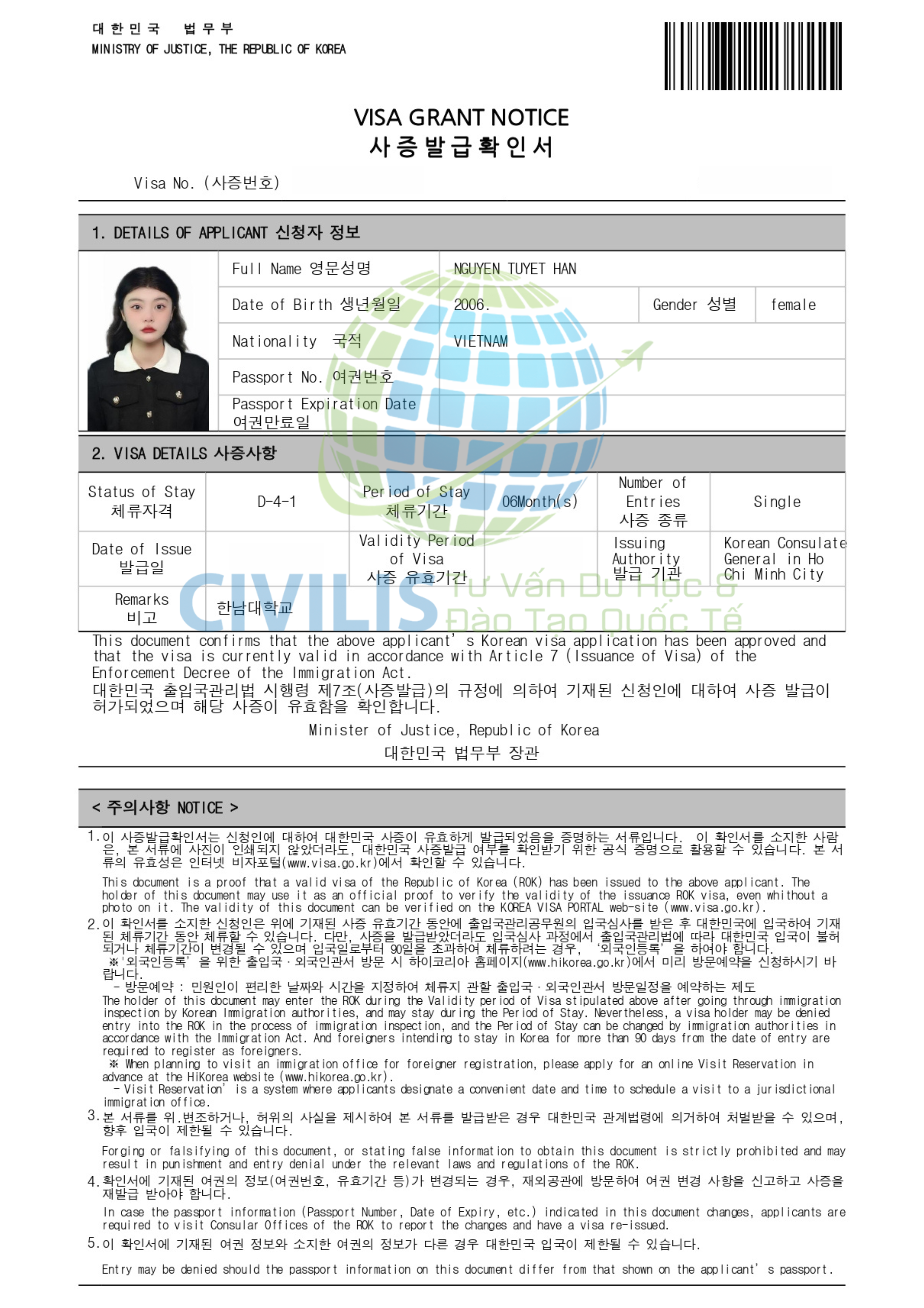 Visa học viên Civilis Nguyễn Tuyết Hân