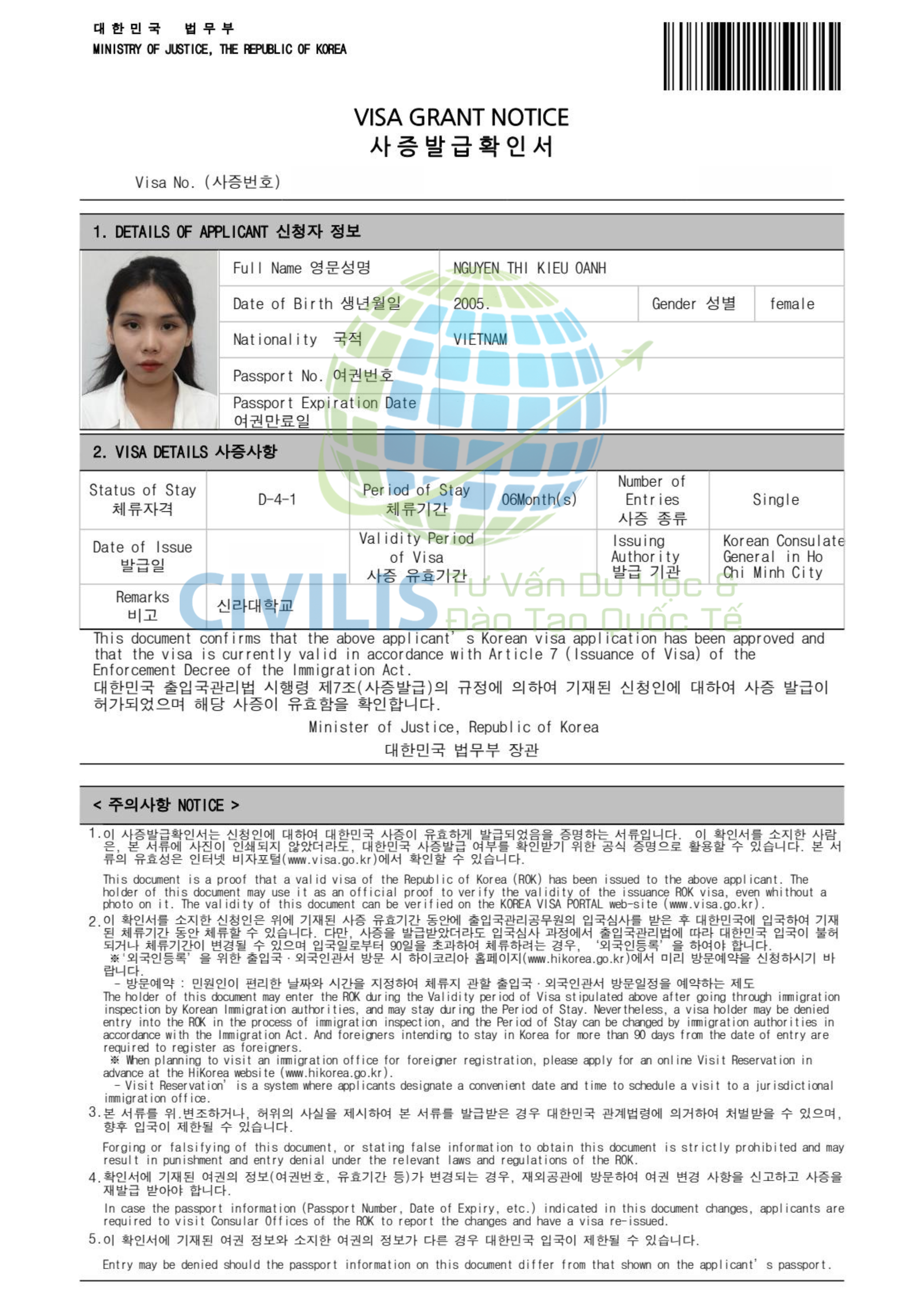 Visa học viên Civilis Nguyễn Thị Kiều Oanh