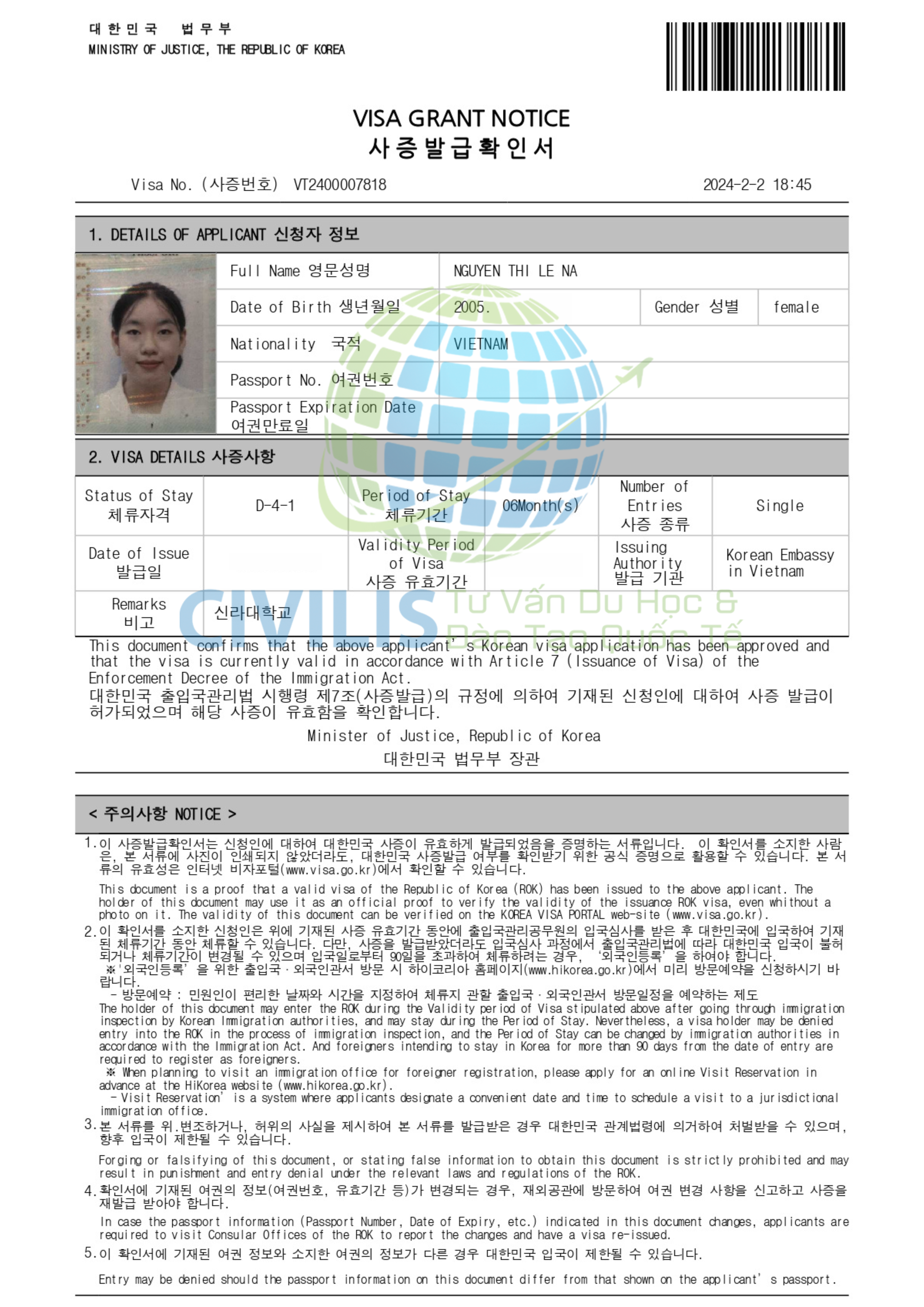 Visa học viên Civilis Chu Thị Ngân