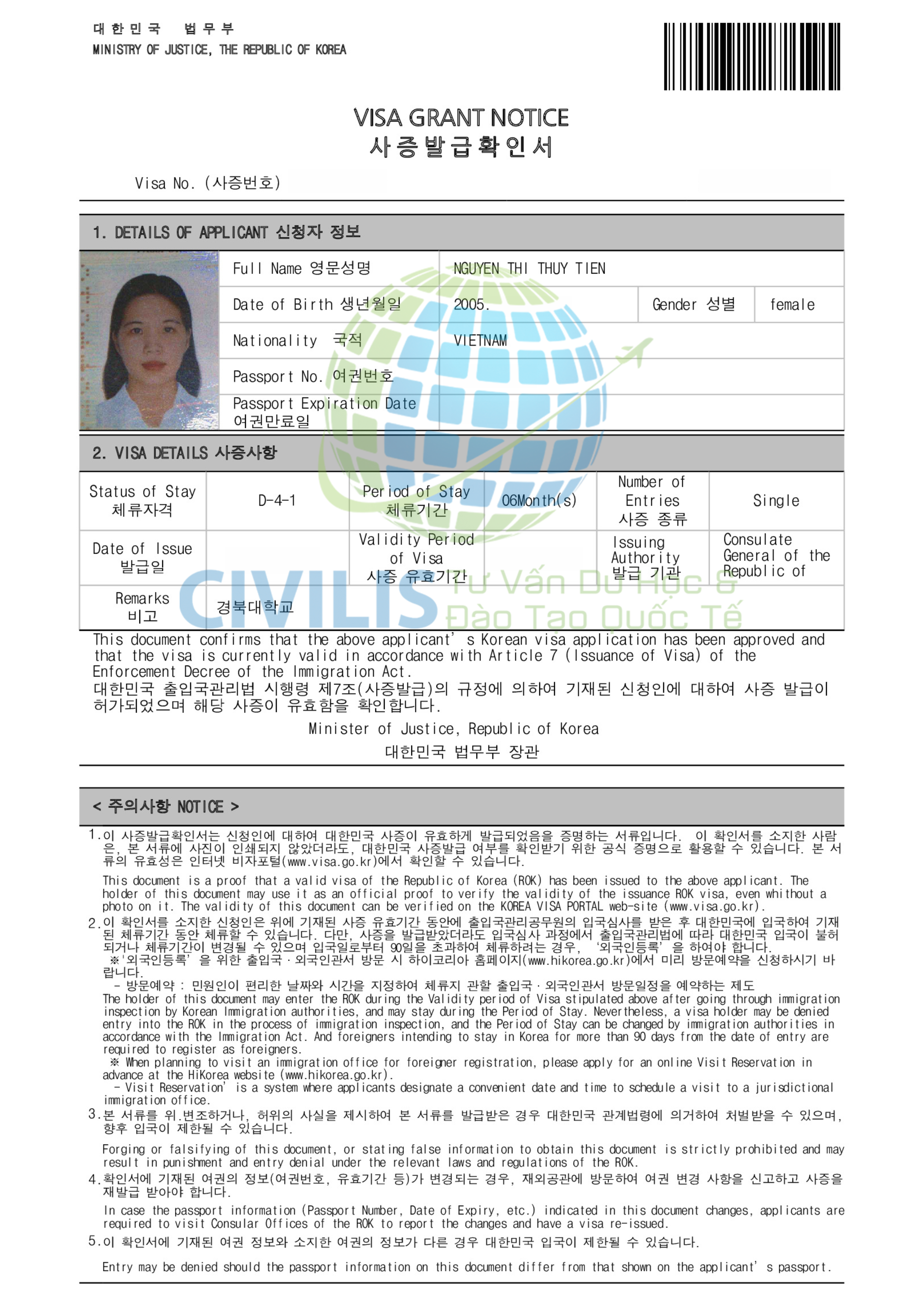 Visa học viên Civilis Nguyễn Thị Thủy Tiên