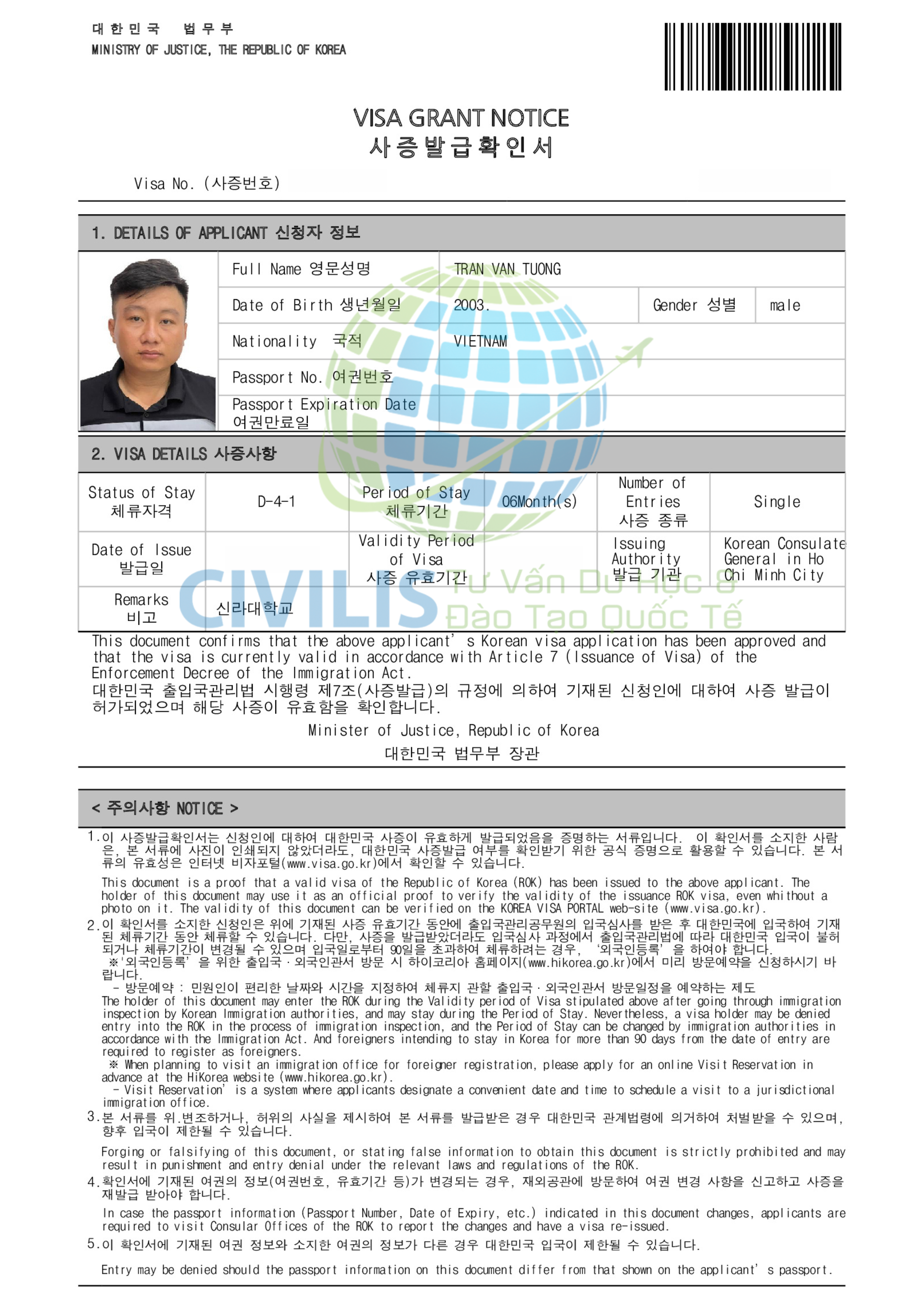 Visa học viên Civilis Trần Văn Tường