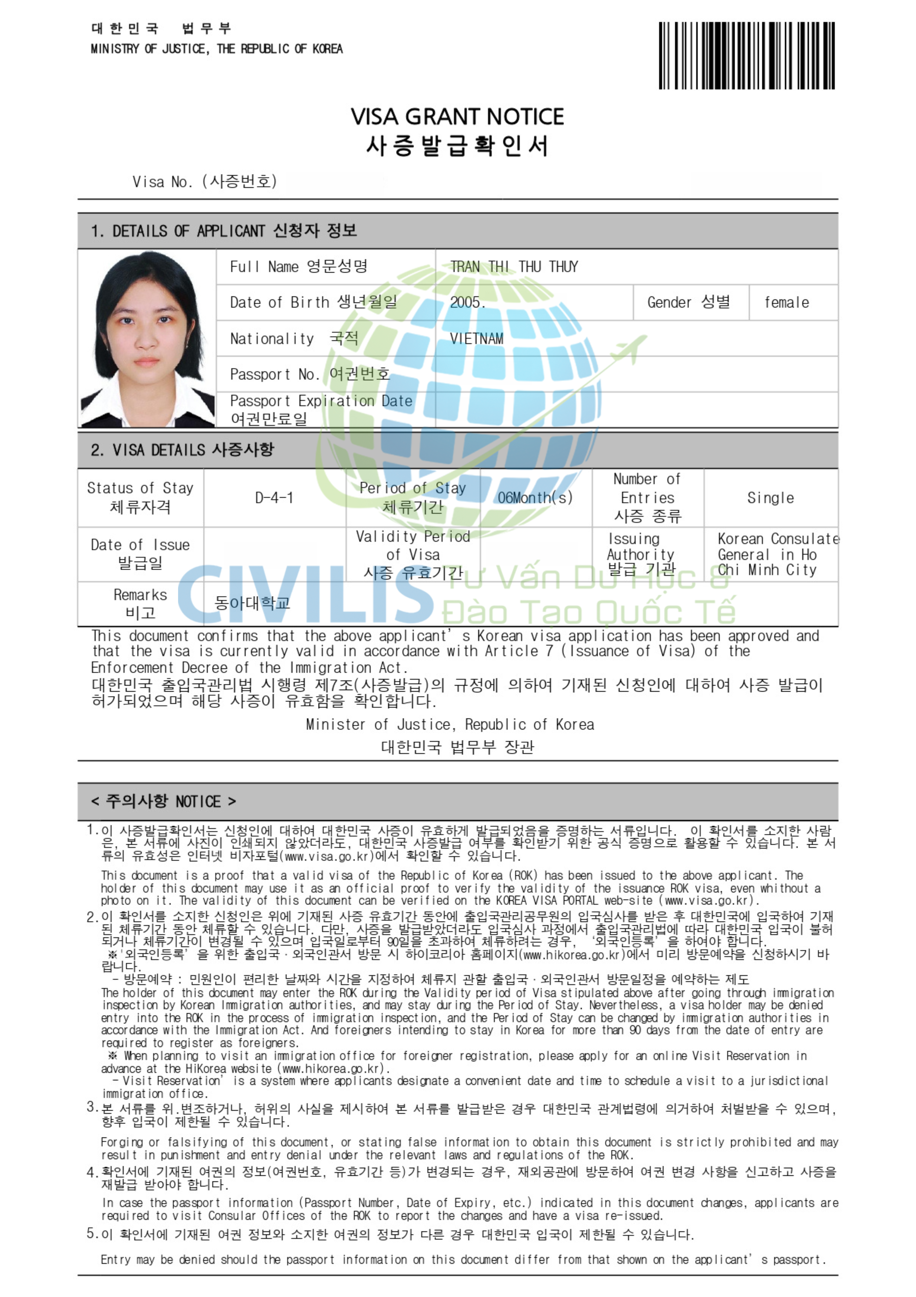 Visa học viên Civilis Trần Thị Thu Thủy