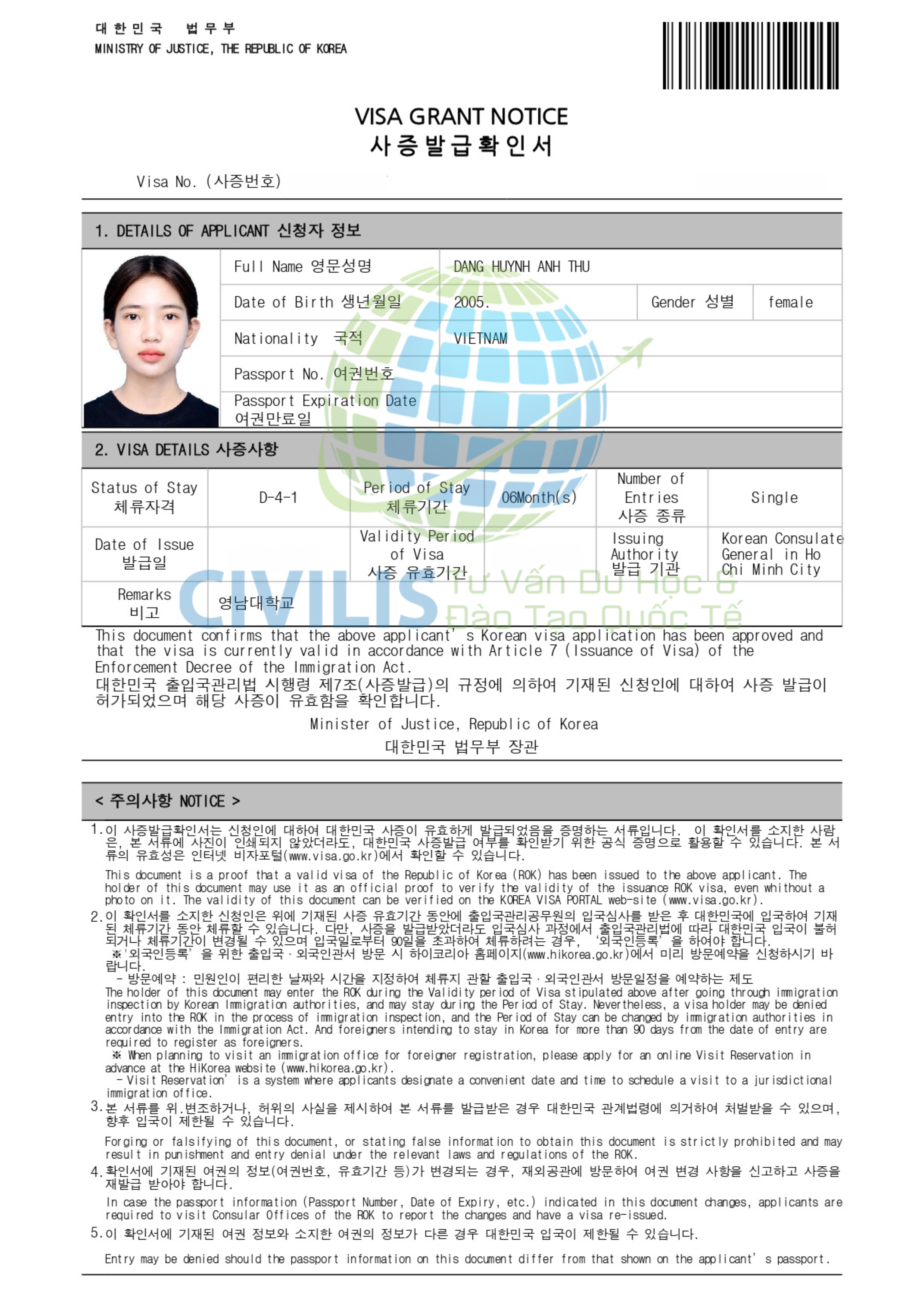 Visa học viên Civilis Đặng Huỳnh Anh Thư