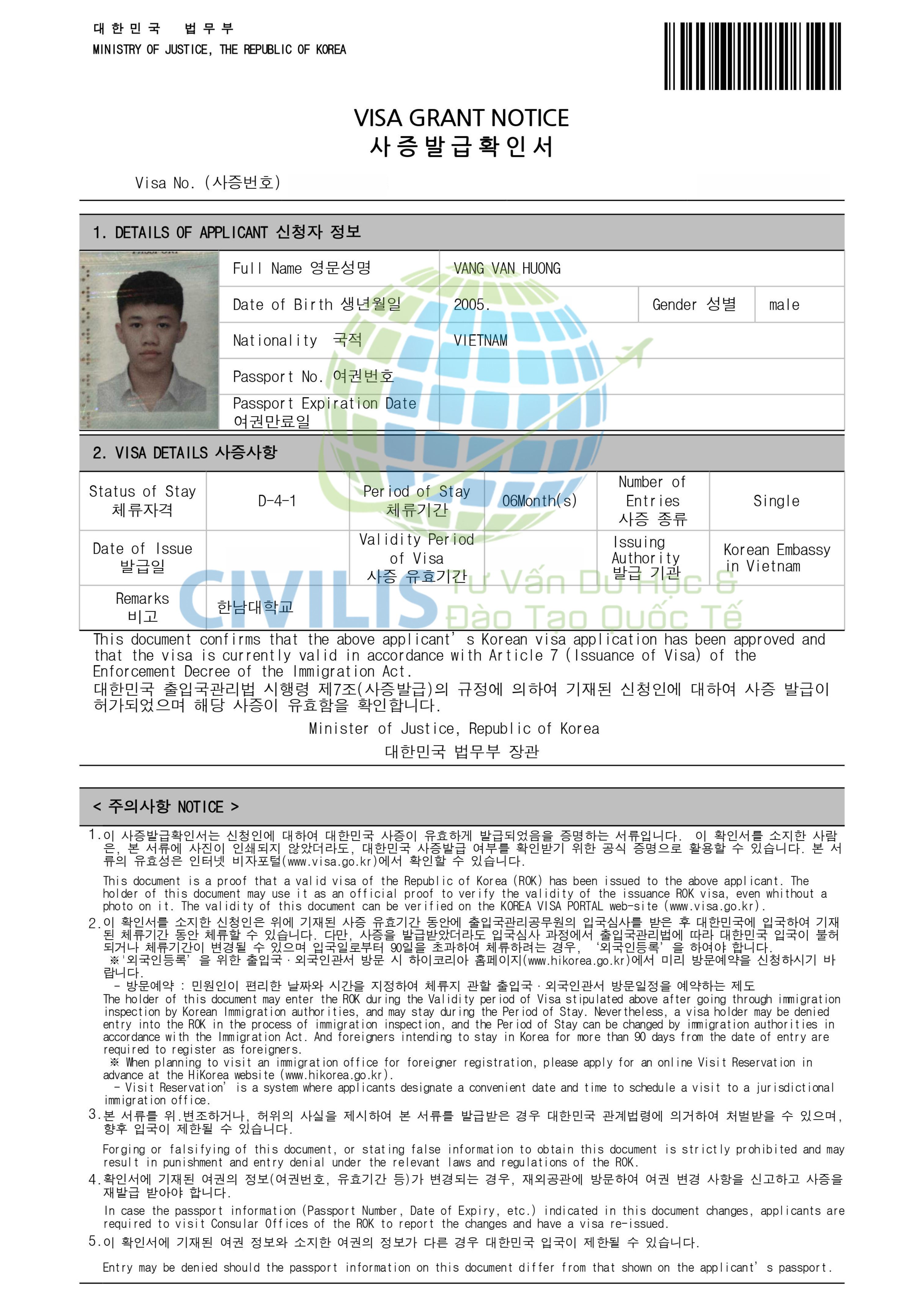 Visa học viên Civilis Vàng Văn Hướng