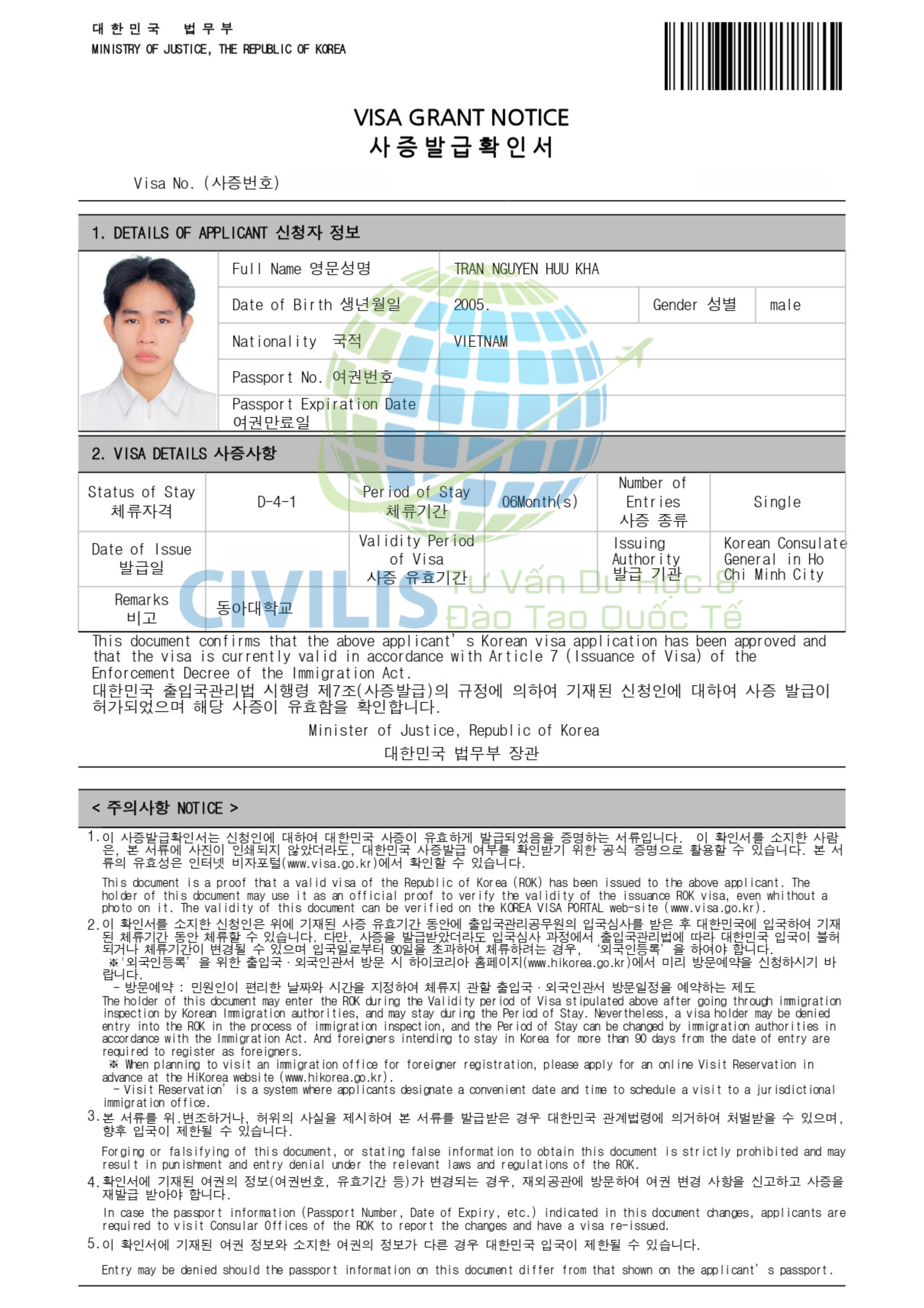 Visa học viên Civilis Trần Nguyễn Hữu Kha