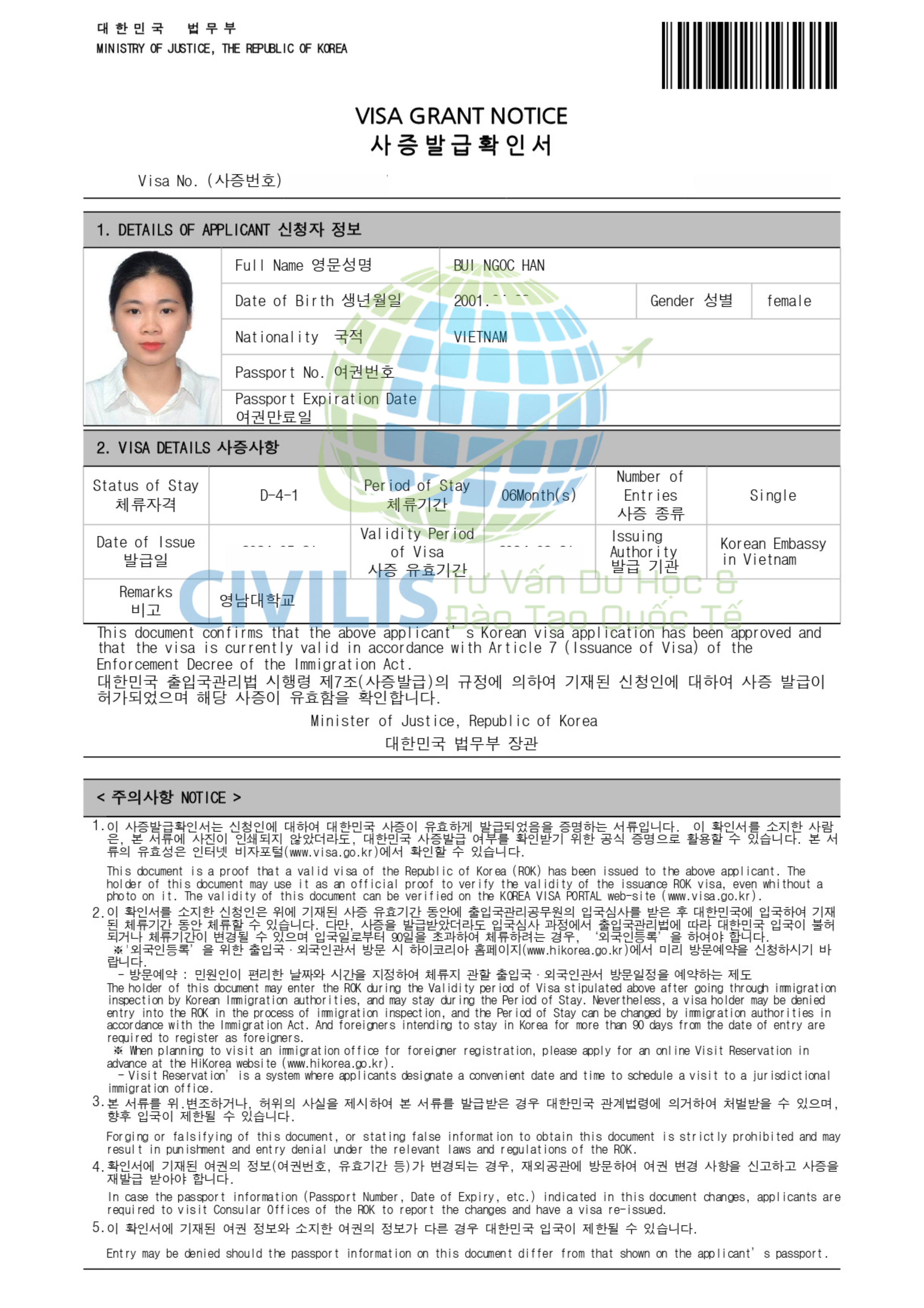 Visa học viên Civilis Bùi Ngọc Hân