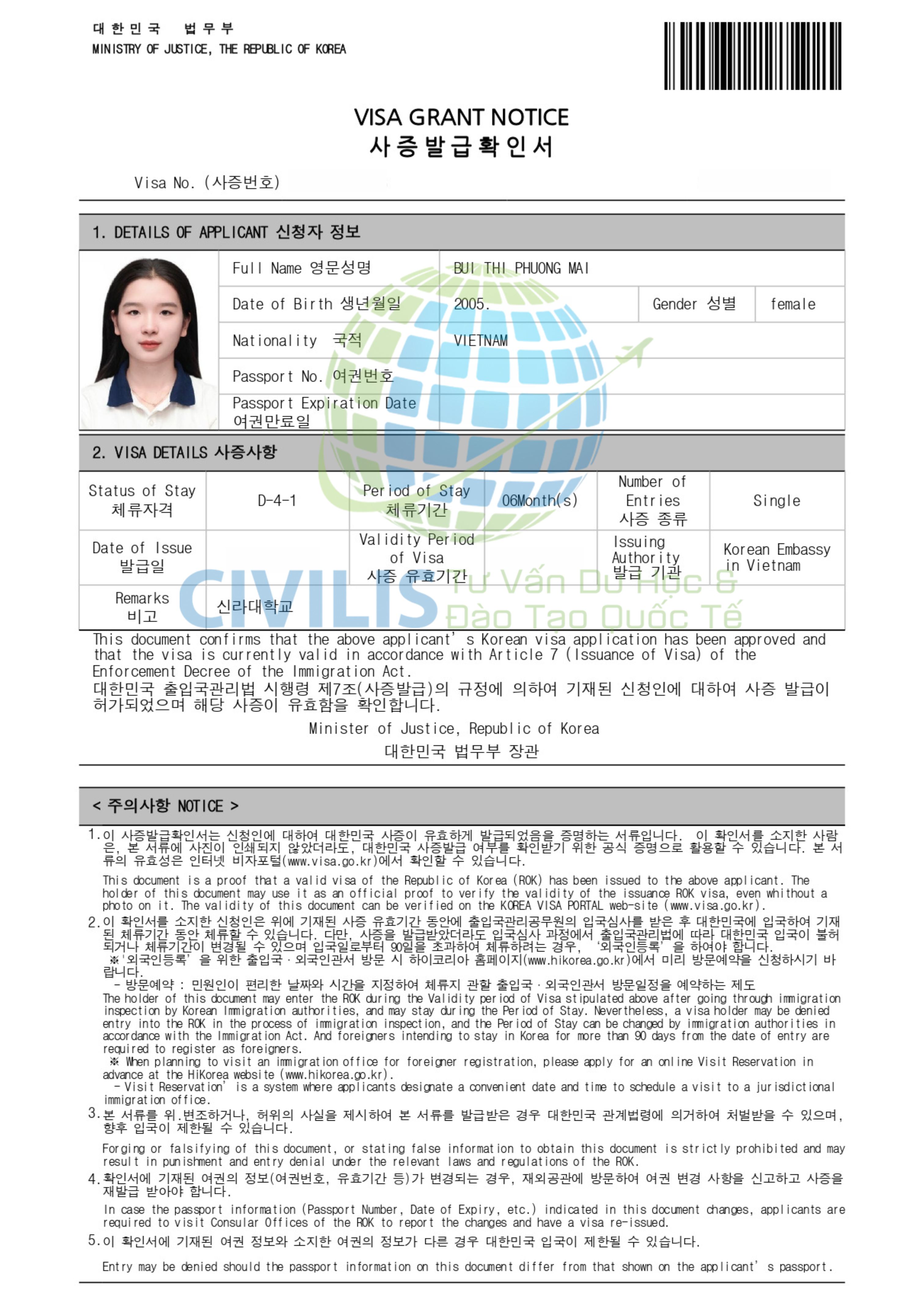 Visa học viên Civilis Bùi Thị Phương Mai