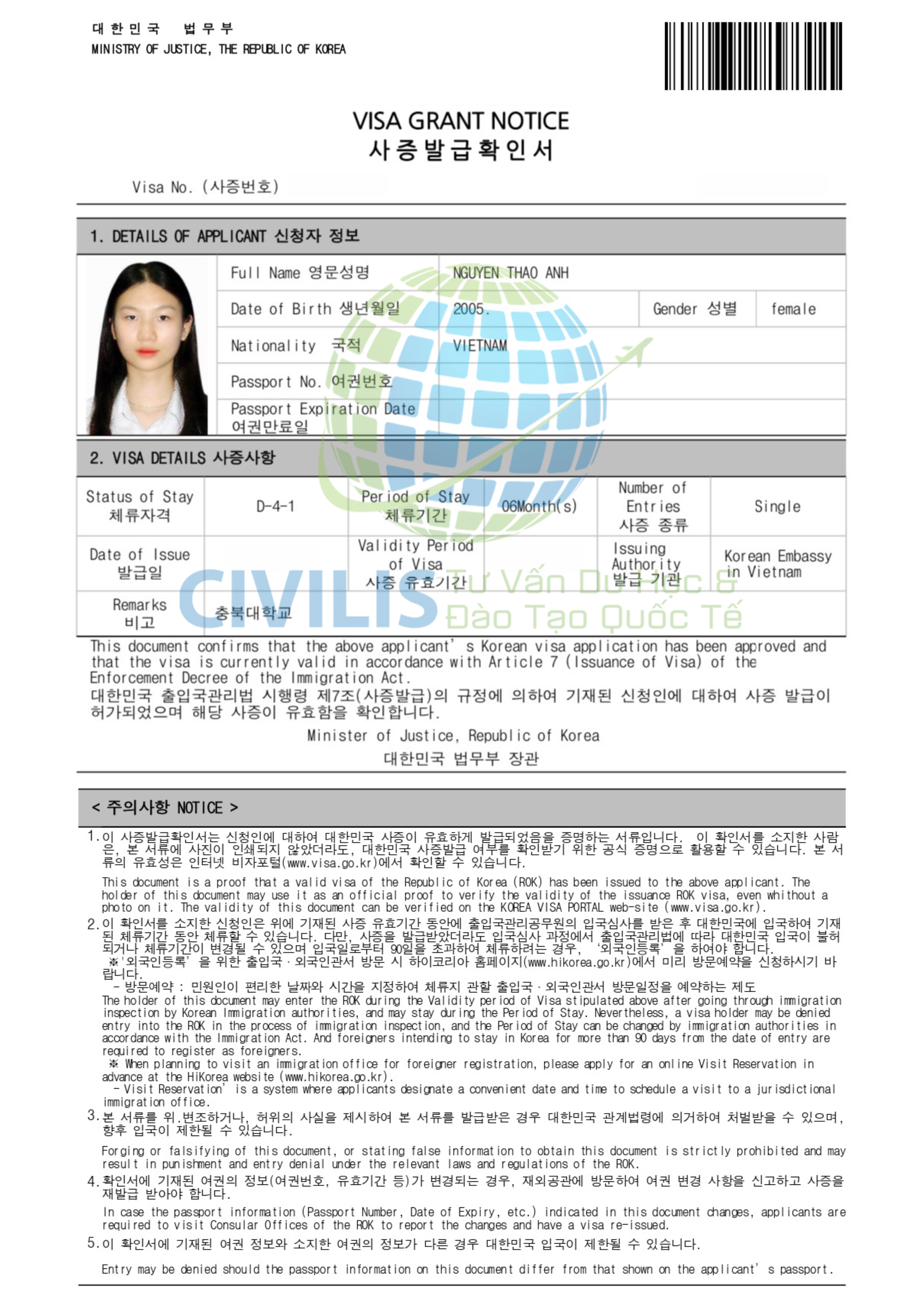 Visa học viên Civilis Nguyễn Thảo Anh