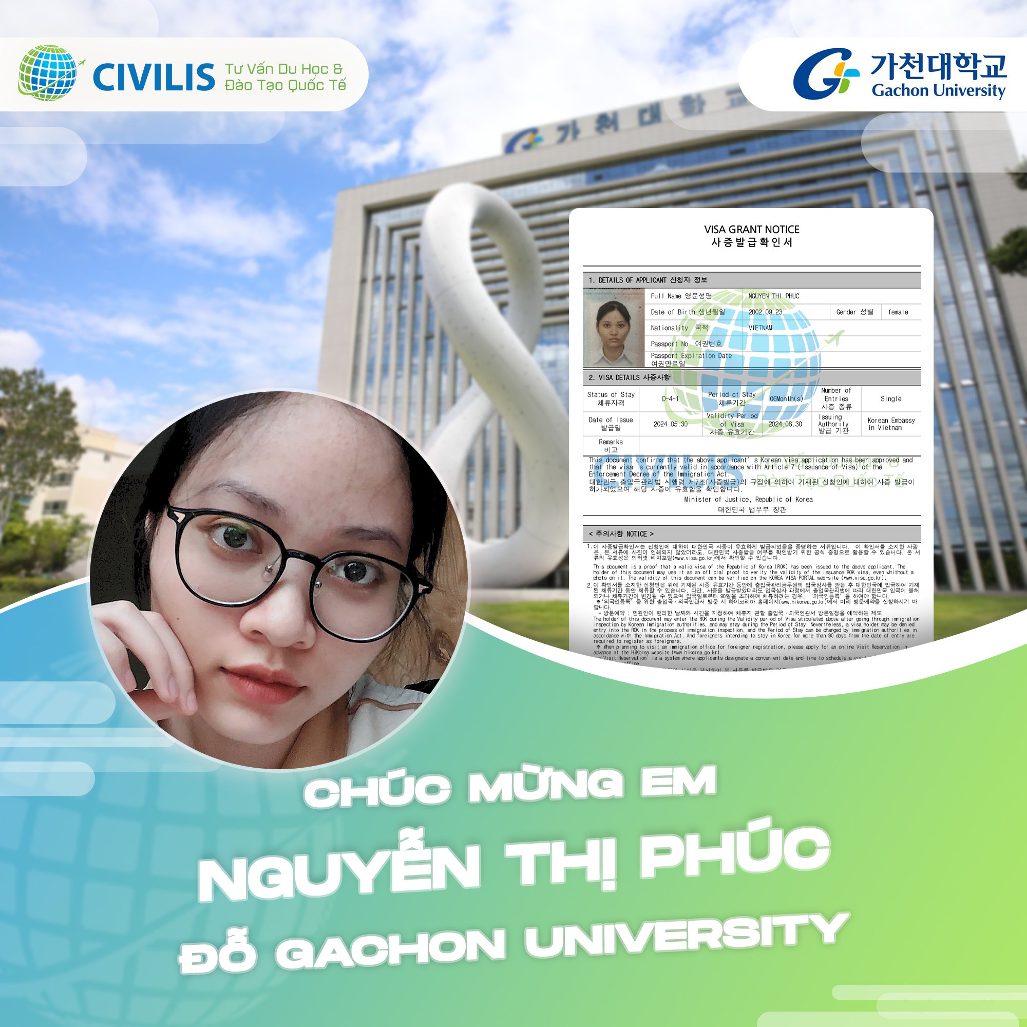 Học viên Civilis Nguyễn Thị Phúc đỗ trường Gachon Univesity